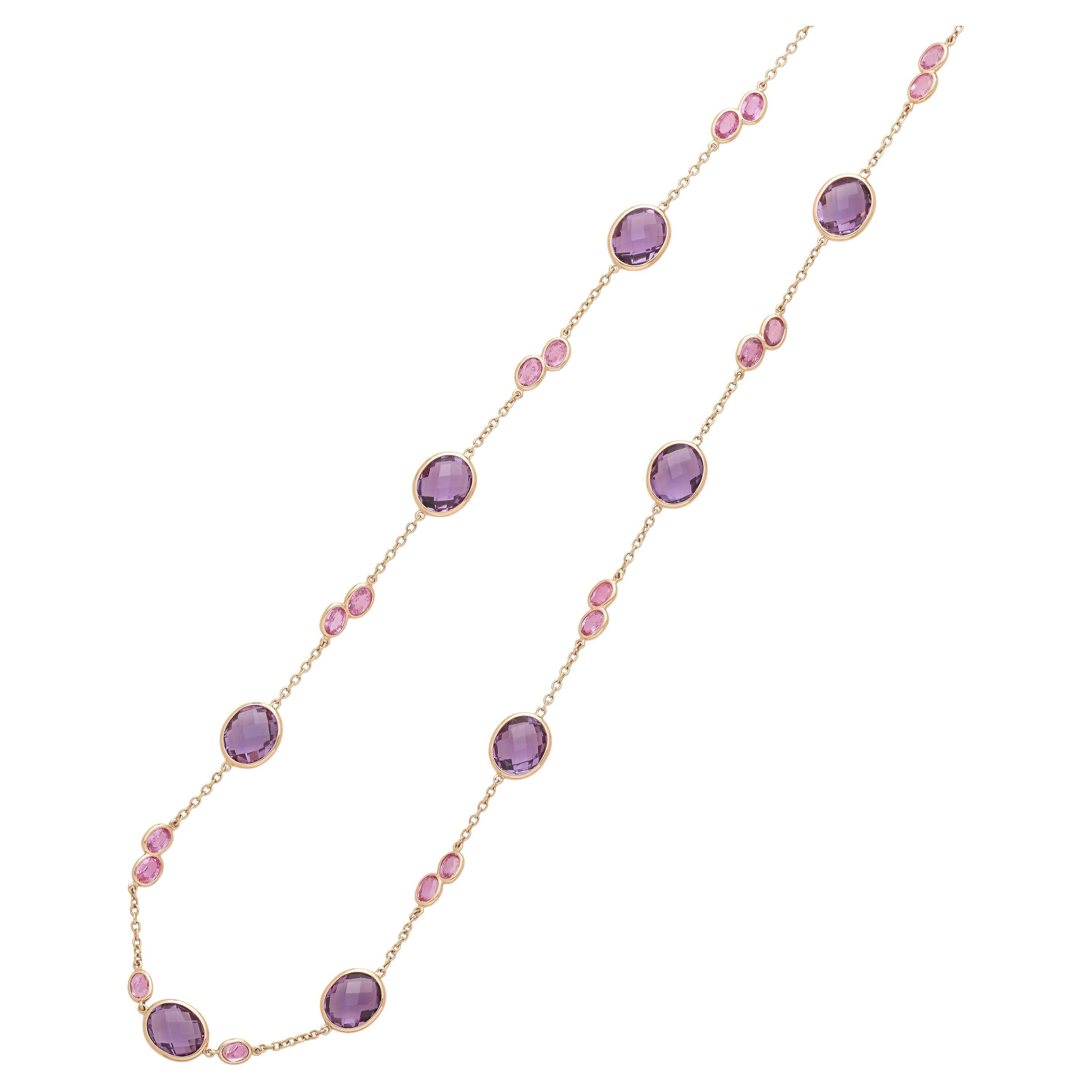 Paolo Costagli 18k Rose Gold & Amethyst Necklace w/ Pink Sapphire, Length 41.75" For Sale