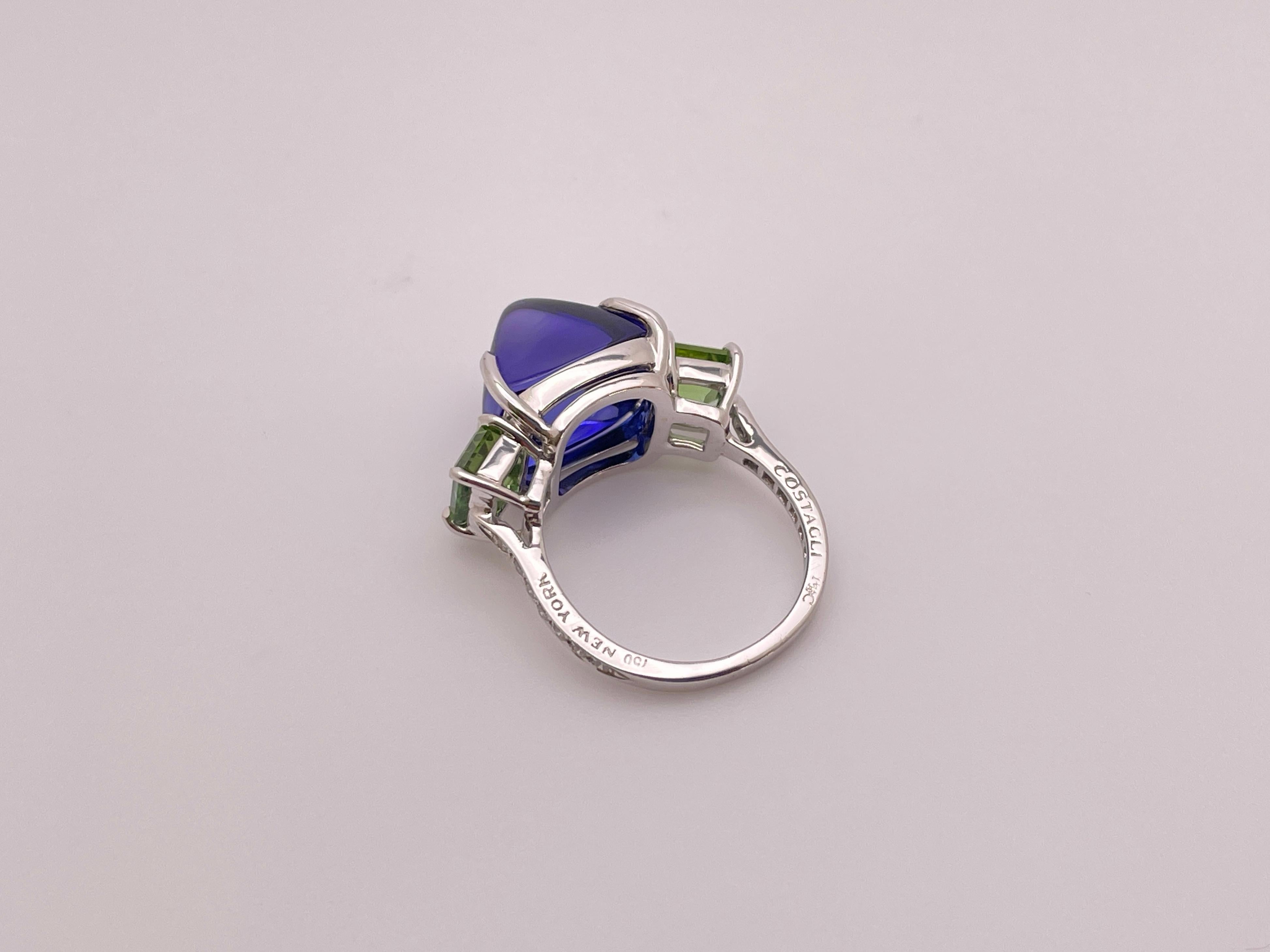 Paolo Costagli Bague en or blanc 18 carats Tanzanite violette Tourmaline verte Diamant en vente 7