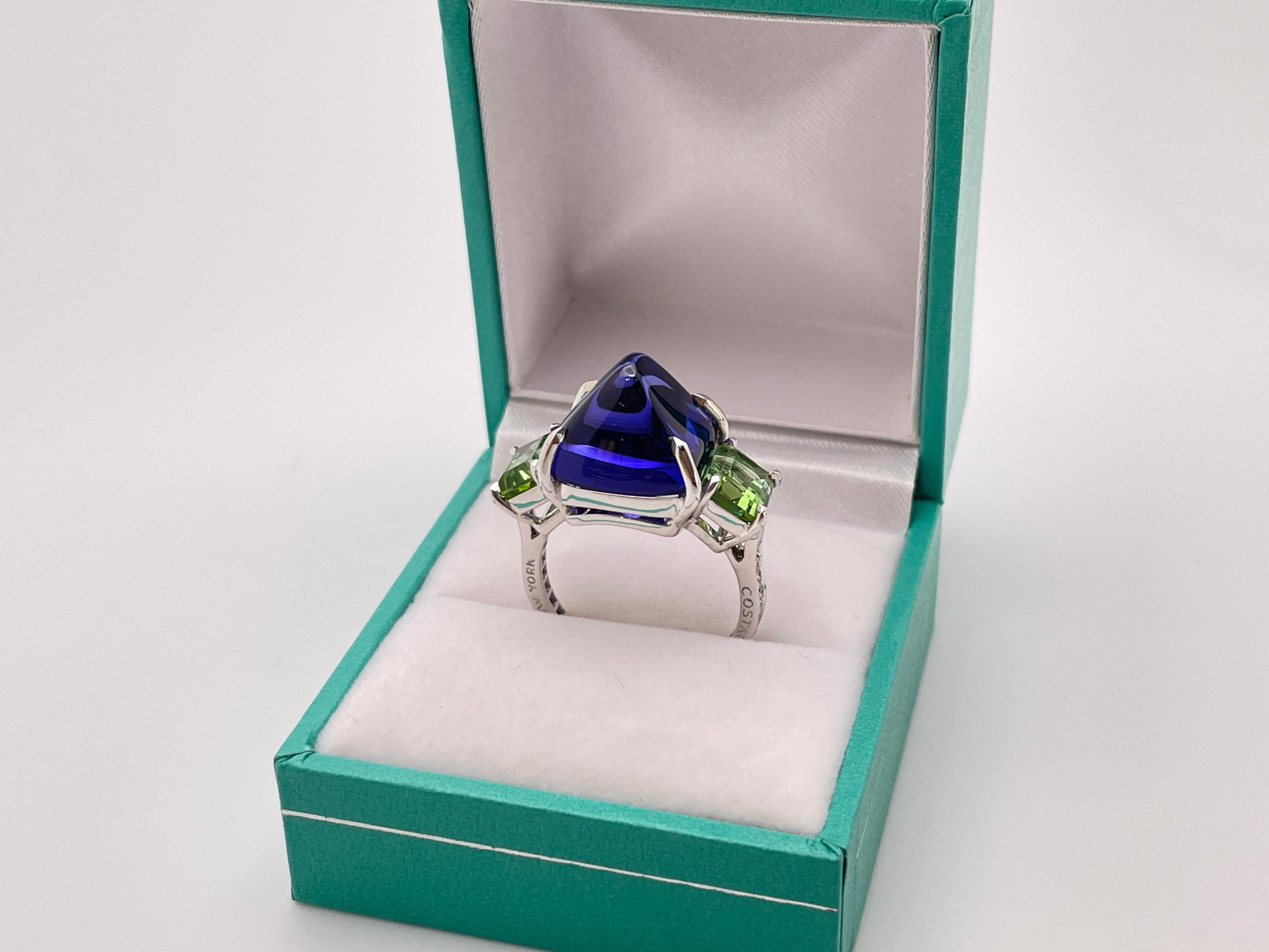Paolo Costagli Bague en or blanc 18 carats Tanzanite violette Tourmaline verte Diamant Unisexe en vente