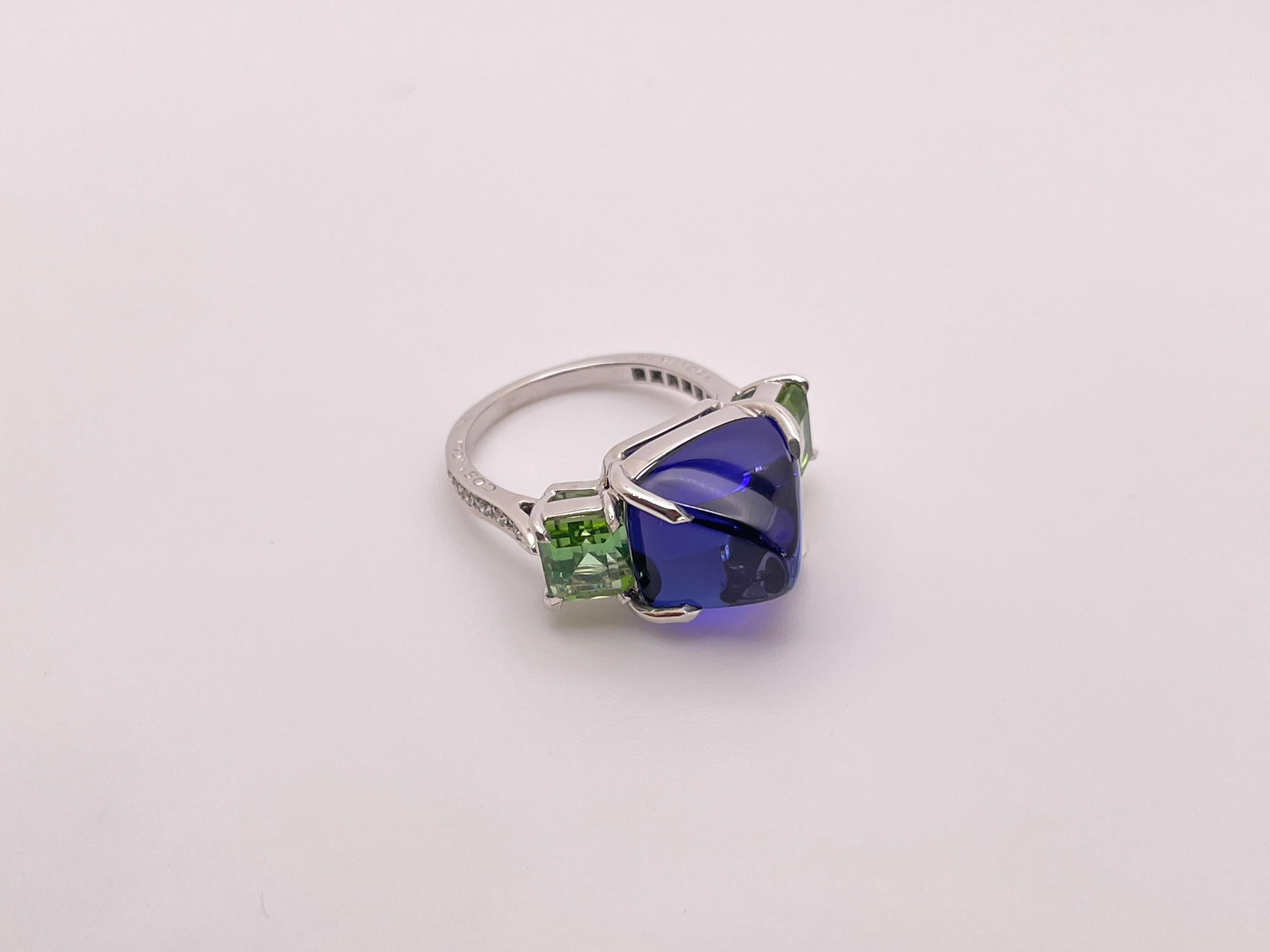 Paolo Costagli Bague en or blanc 18 carats Tanzanite violette Tourmaline verte Diamant en vente 1