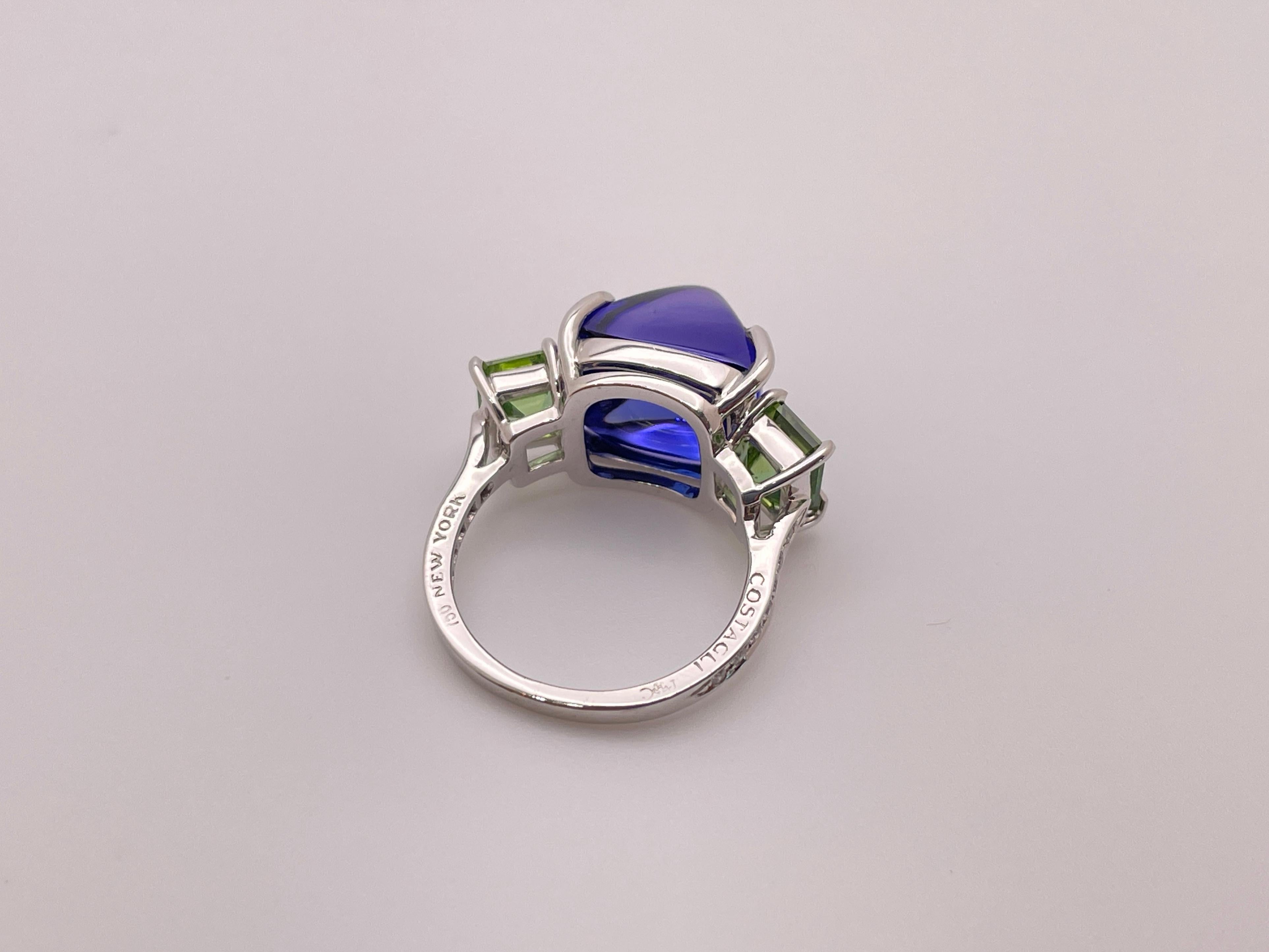 Paolo Costagli Bague en or blanc 18 carats Tanzanite violette Tourmaline verte Diamant en vente 2