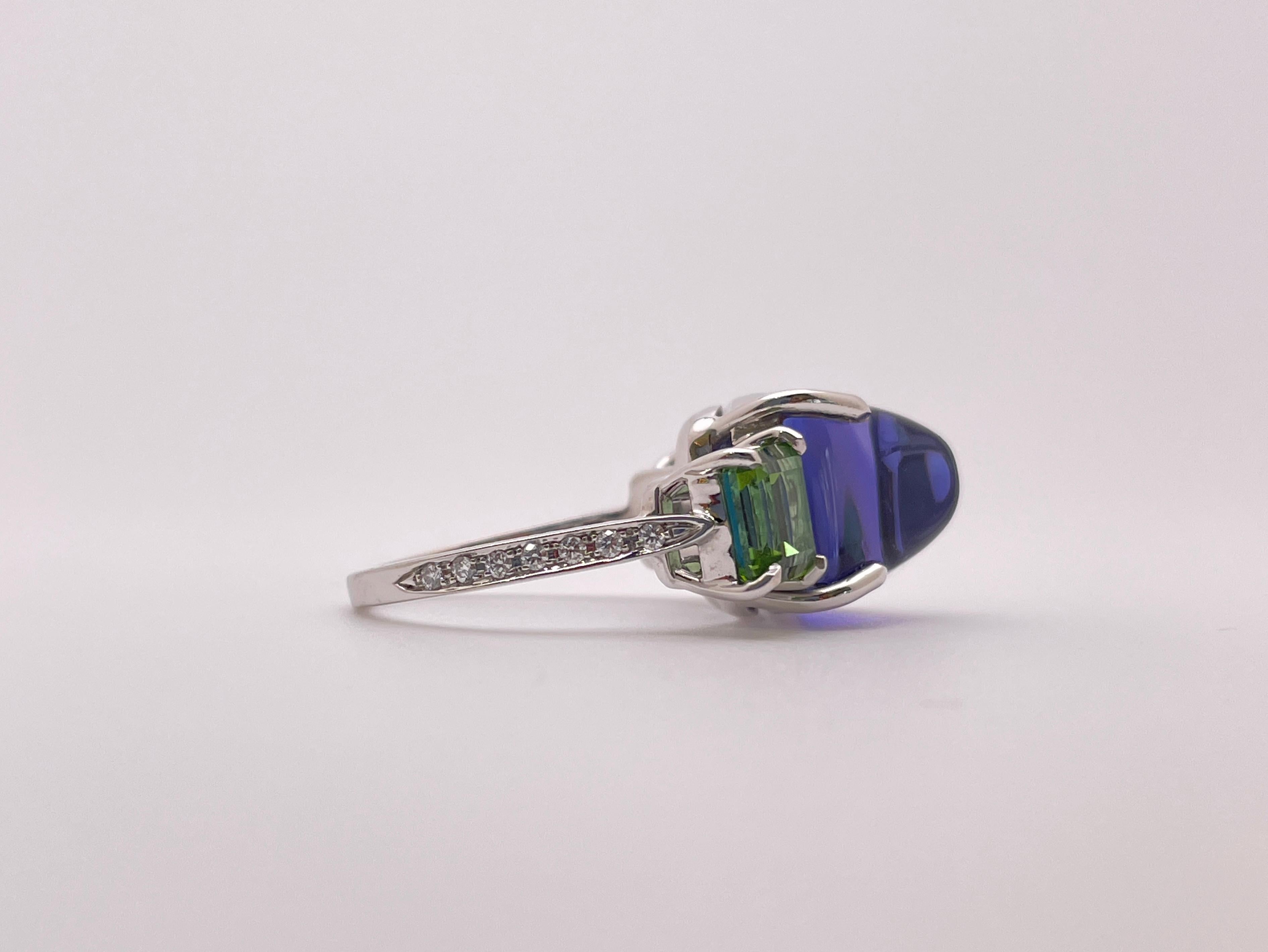 Paolo Costagli Bague en or blanc 18 carats Tanzanite violette Tourmaline verte Diamant en vente 4