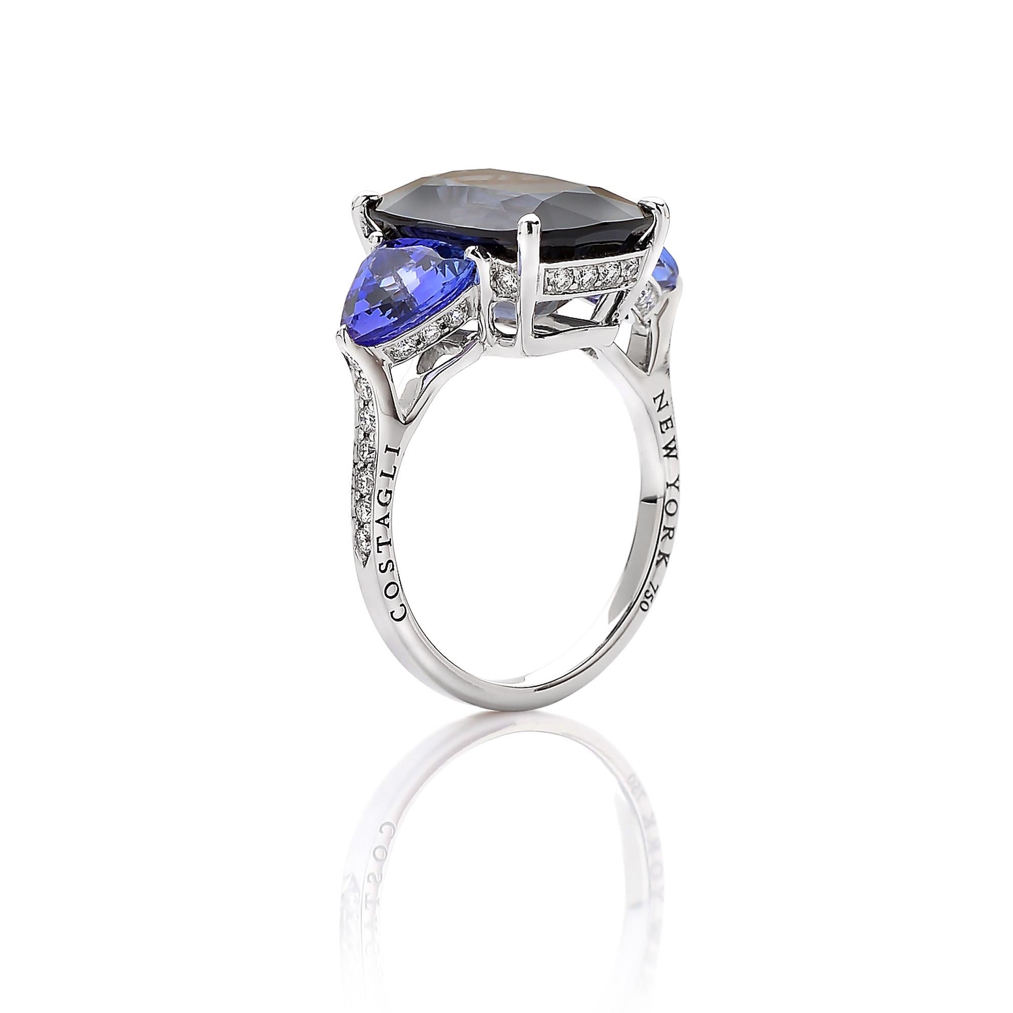 18 karat white gold three-stone ring set with a cushion-cut black spinel flanked by two trillion-cut tanzanites with diamond detail.

Each Paolo Costagli contemporary engagement ring is a one of a kind, handcrafted testament to your love story. The
