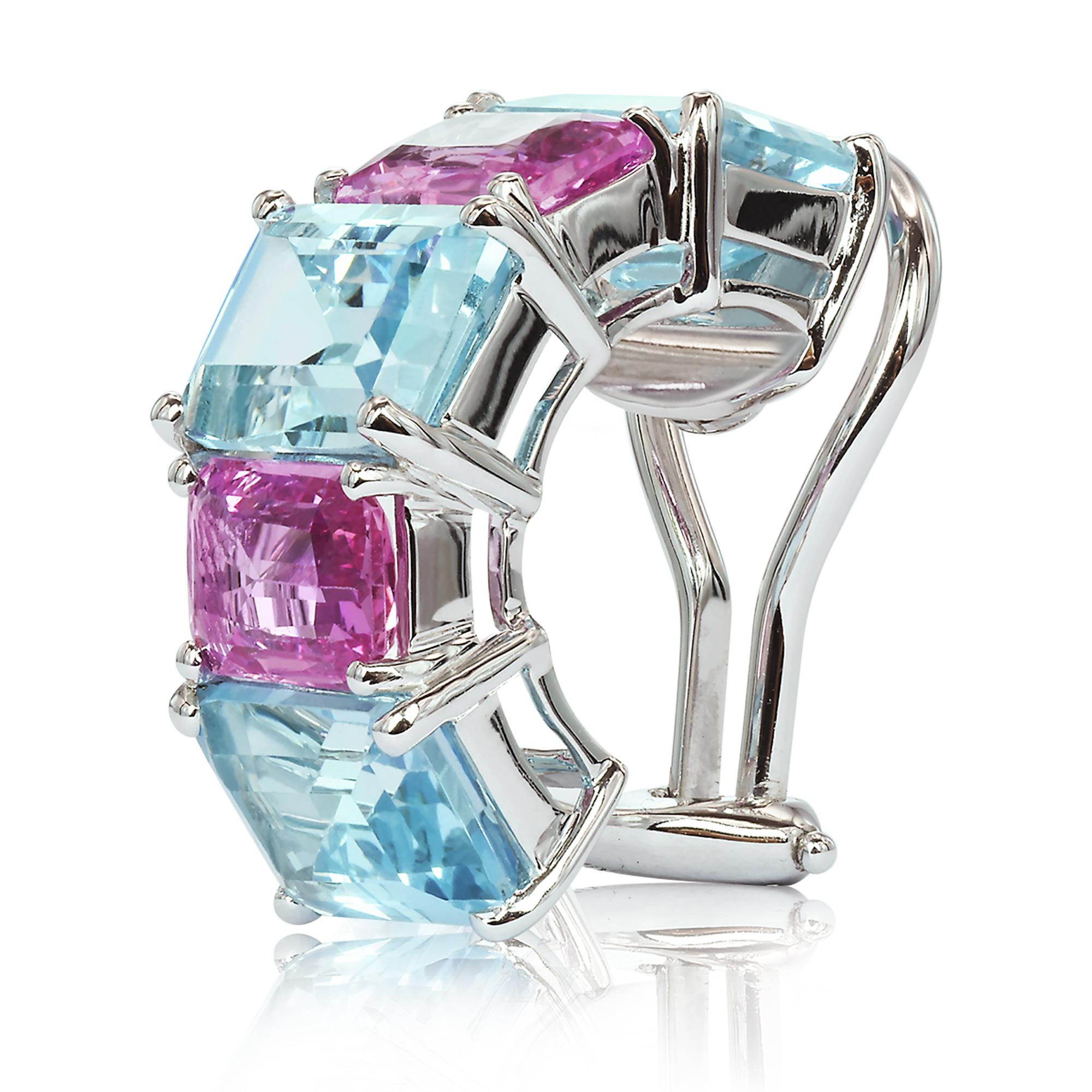 18 karat white gold Florentine earrings set with emerald-cut blue topaz and pink sapphires. 

Inspired by the Garden of the Iris, the Florentine collection pairs bold color combinations of geometric gemstones to translate Paolo Costagli's memories