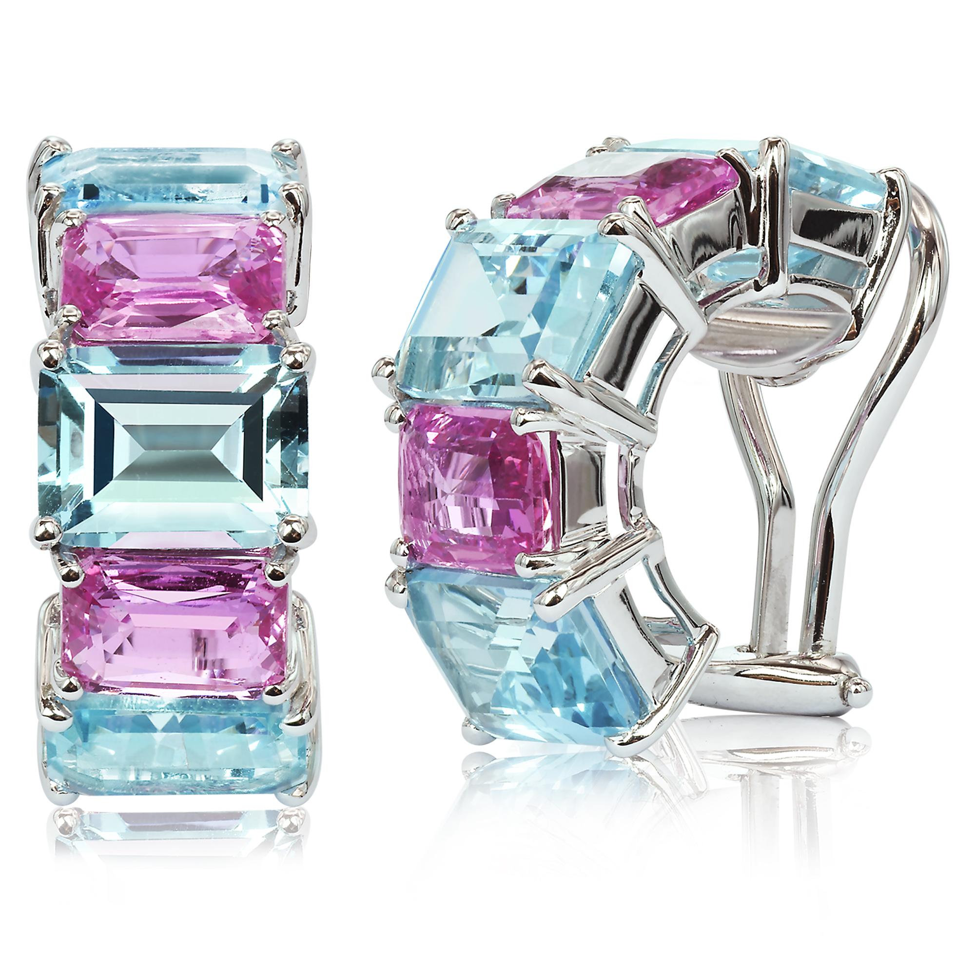 Emerald Cut Paolo Costagli Blue Topaz and Pink Sapphire 18 Karat White Gold Clip-On Earrings