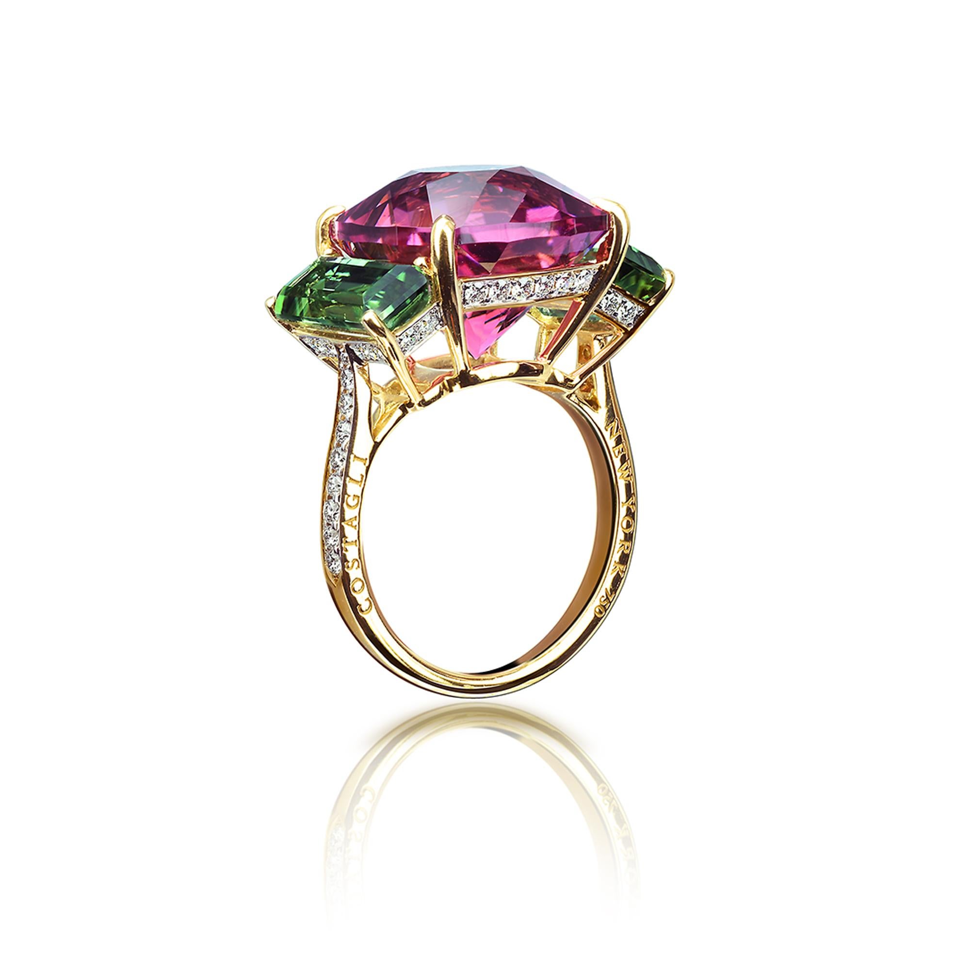 18 karat yellow gold cushion-cut change of color tourmaline ring with emerald-cut green tourmaline side stones with pave-set round, brilliant diamonds.

Each Paolo Costagli contemporary engagement ring is a one of a kind, handcrafted testament to