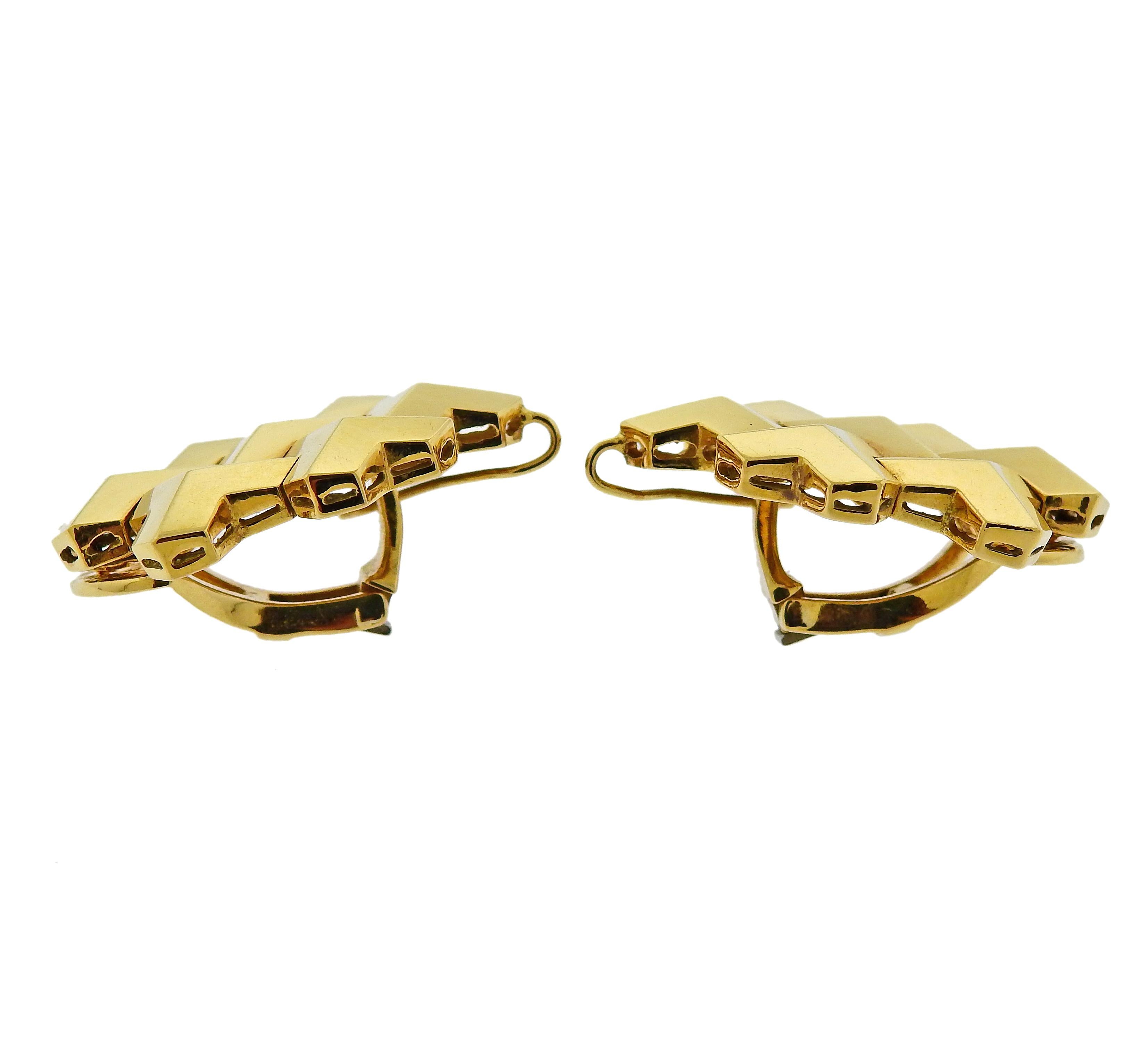 Unique 18k yellow gold geometric earrings. Crafted by Paolo Costagli. Retail is $6500. Earrings measure 31mm X 30mm (have hooks for attachable drops). Weight is 25.8 grams. Marked Costagli, 750, Designer's mark. 