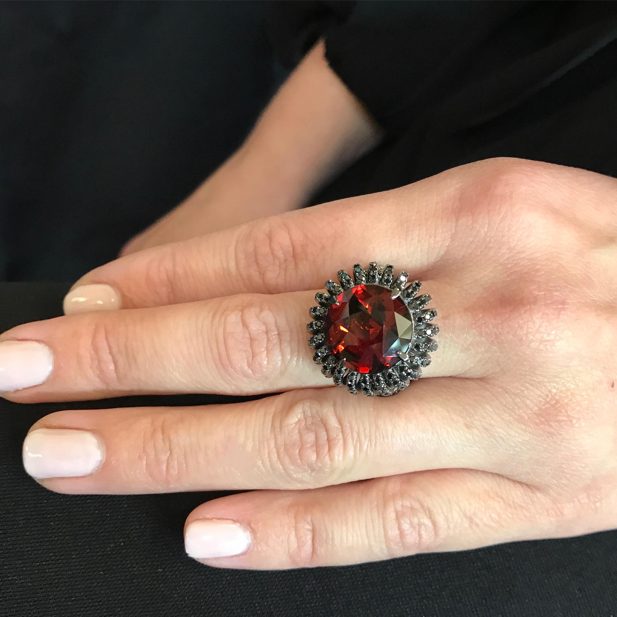 Contemporary Paolo Costagli Hessonite Garnet and Black Diamond 'Coil' Ring For Sale