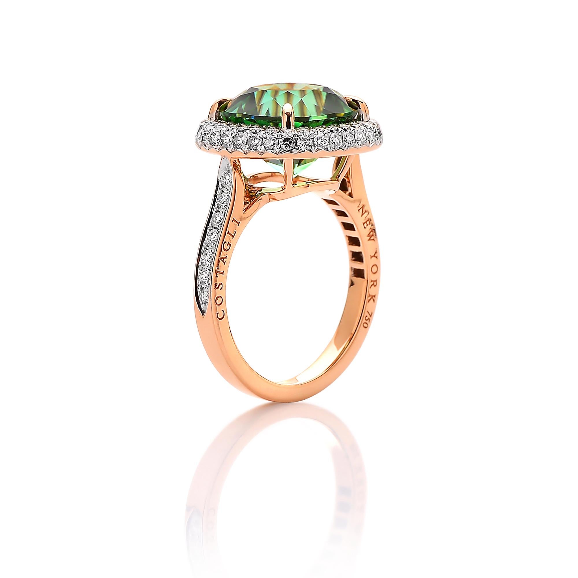 18 karat rose gold ring set with a cushion-cut mint tourmaline and pave-set round, brilliant diamonds. 

Each Paolo Costagli contemporary engagement ring is a one of a kind, handcrafted testament to your love story. The beauty is in the details-