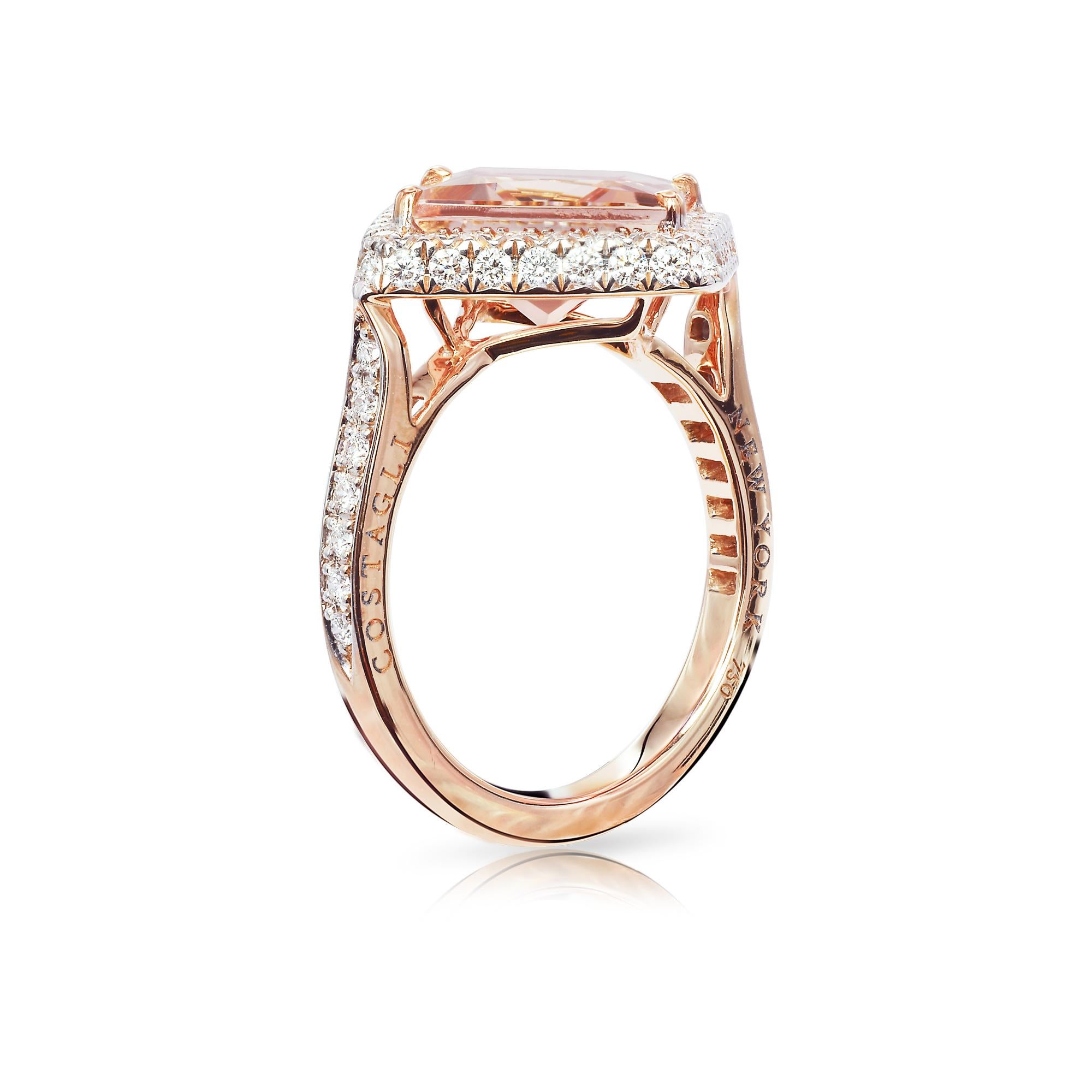 One of a kind 18 karat rose gold ring set with a radiant-cut pastel morganite and pave-set round, brilliant diamonds. 

The beauty is in the details - from the combination of hues, the cut of the gemstones, and the color of gold in the mountings,