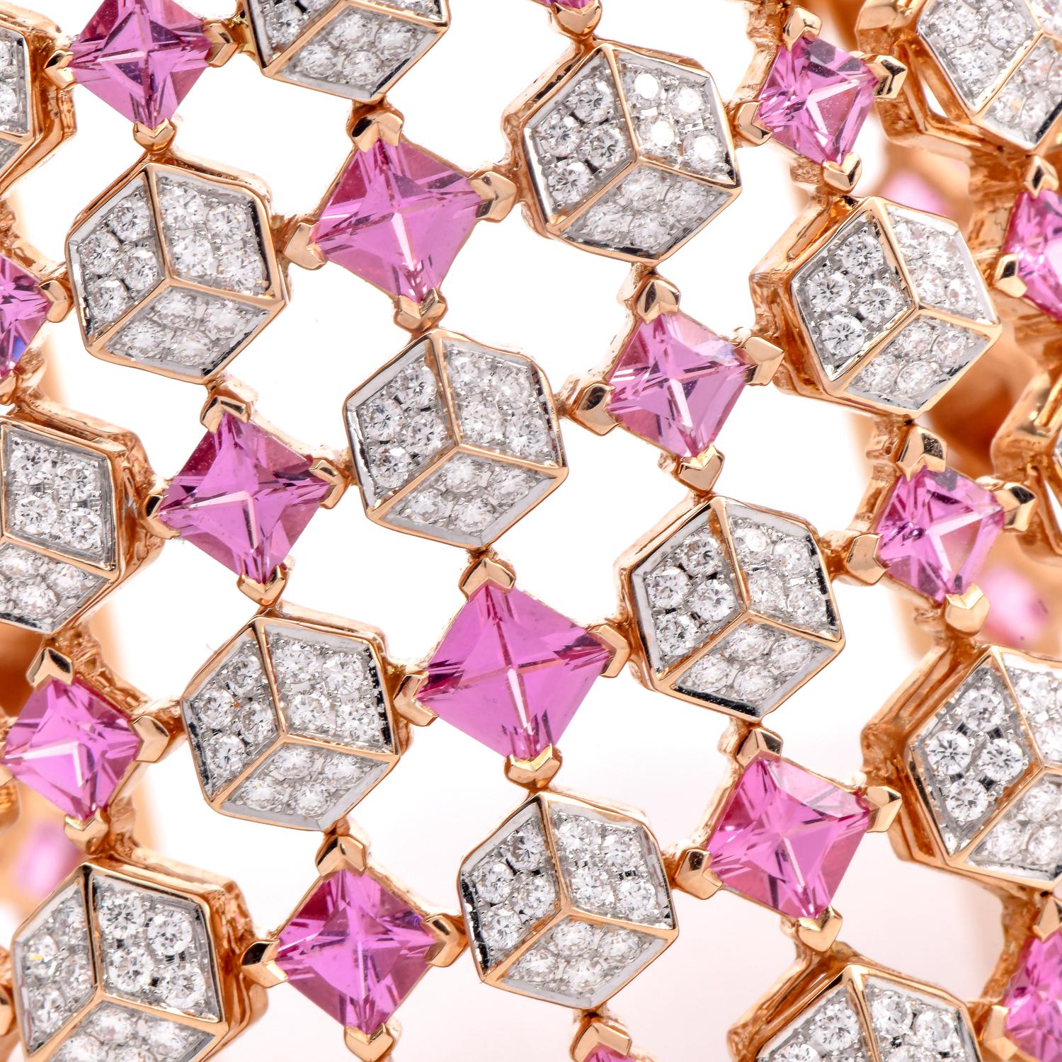 Taille carrée Paolo Costagli, manchette large en or rose 18 carats avec saphir rose et diamants en vente