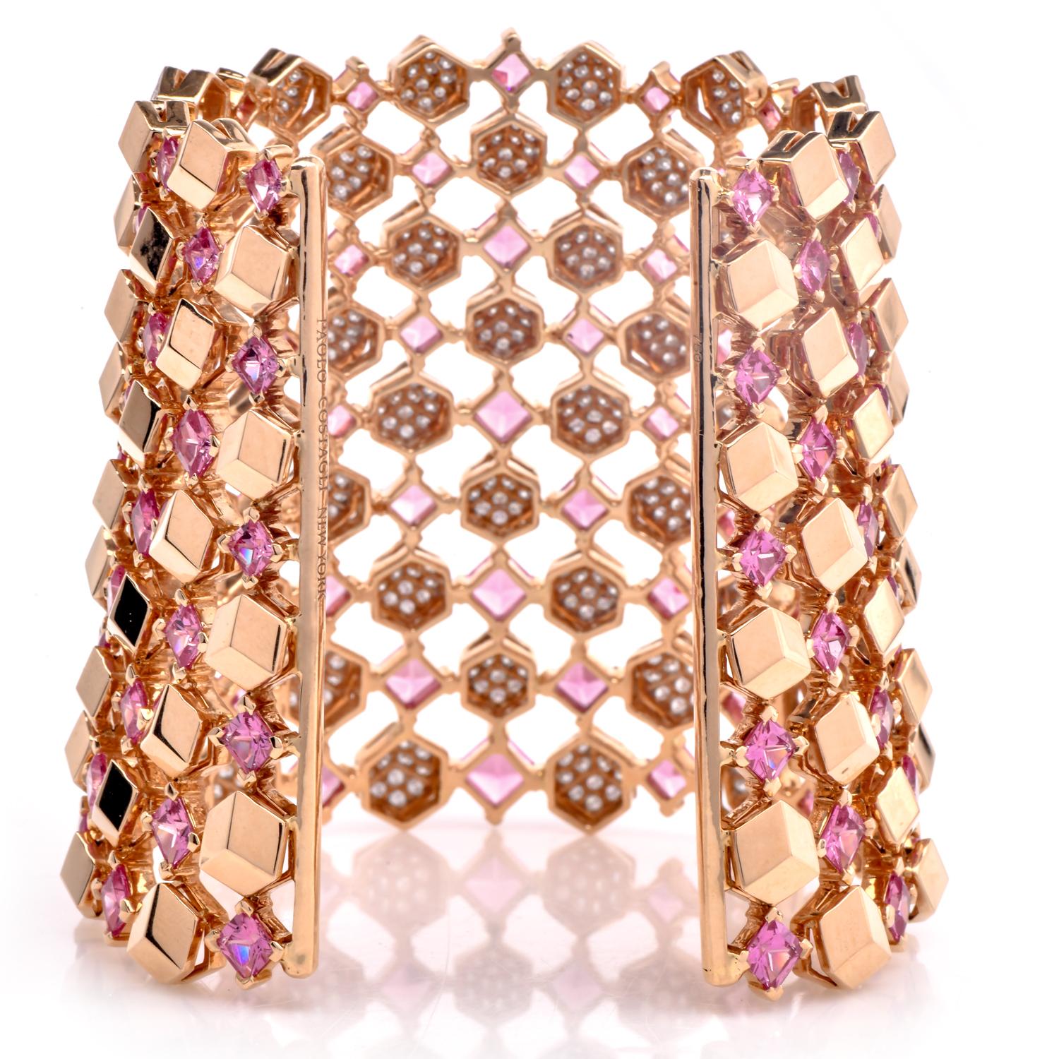 Paolo Costagli, manchette large en or rose 18 carats avec saphir rose et diamants Excellent état - En vente à Miami, FL