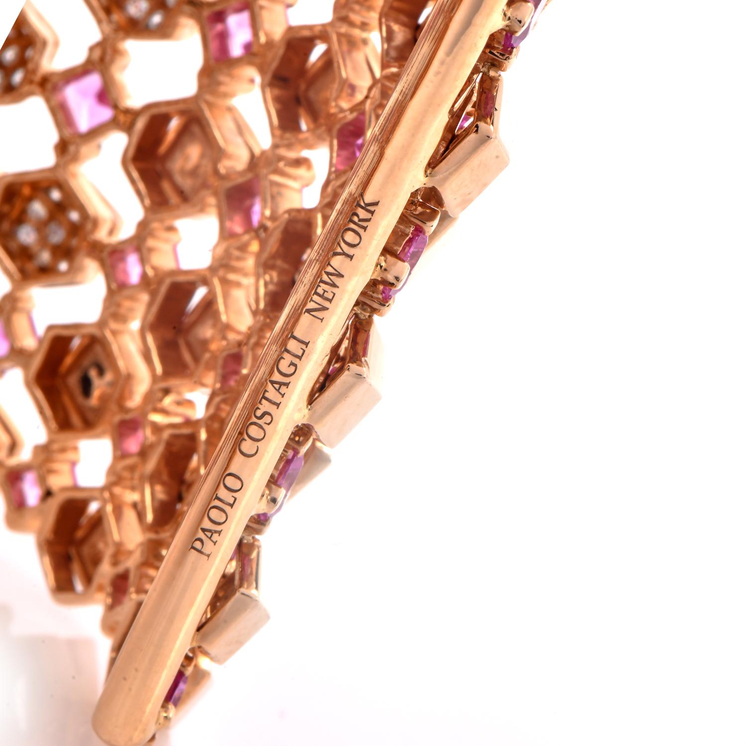 Paolo Costagli, manchette large en or rose 18 carats avec saphir rose et diamants Pour femmes en vente