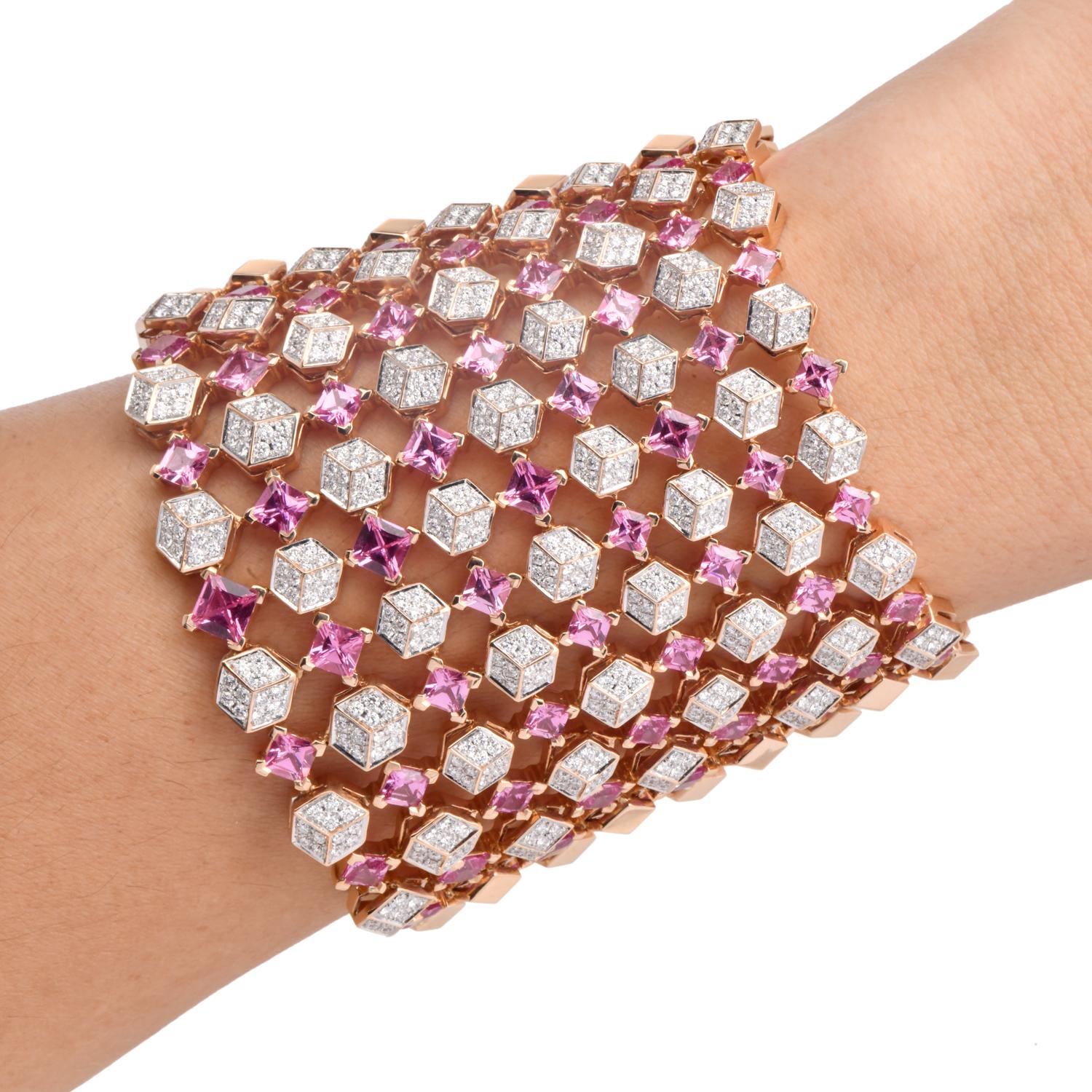 Paolo Costagli, manchette large en or rose 18 carats avec saphir rose et diamants en vente 1