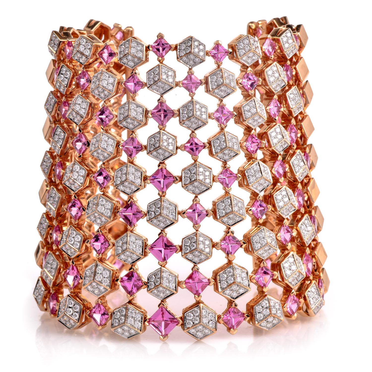 Paolo Costagli, manchette large en or rose 18 carats avec saphir rose et diamants en vente 2