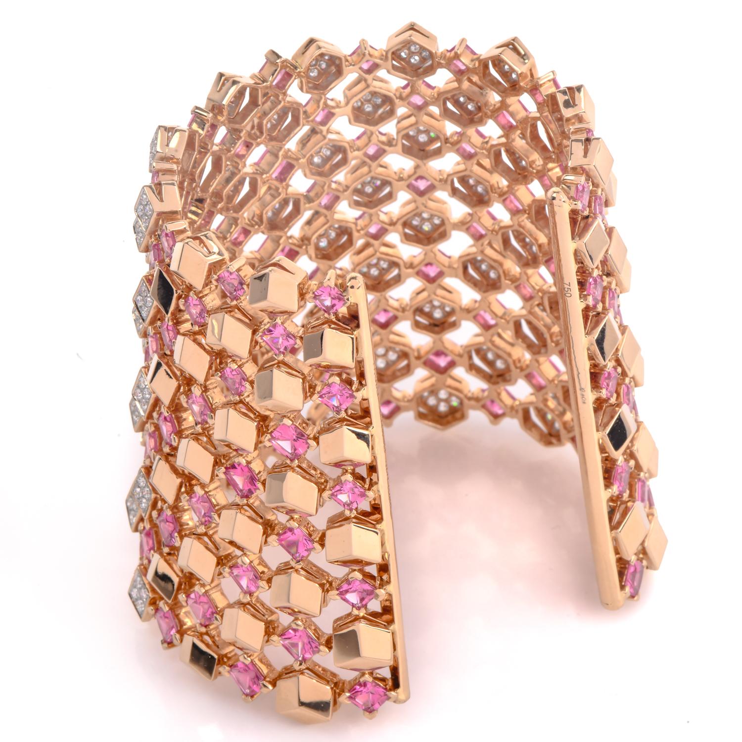 Paolo Costagli, manchette large en or rose 18 carats avec saphir rose et diamants en vente 3