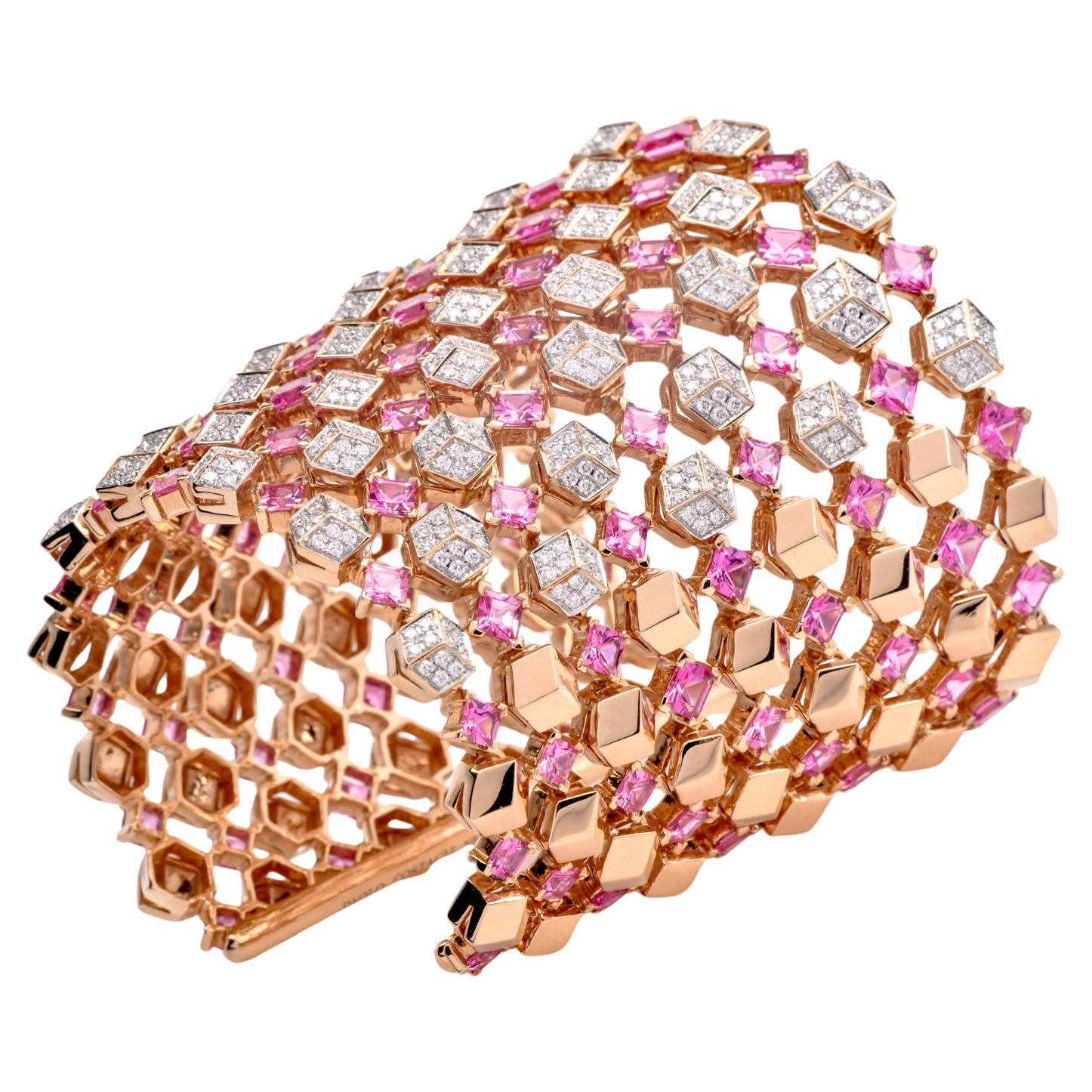 Paolo Costagli Pink Sapphire Diamond 18K Pink Gold Wide Cuff Bracelet