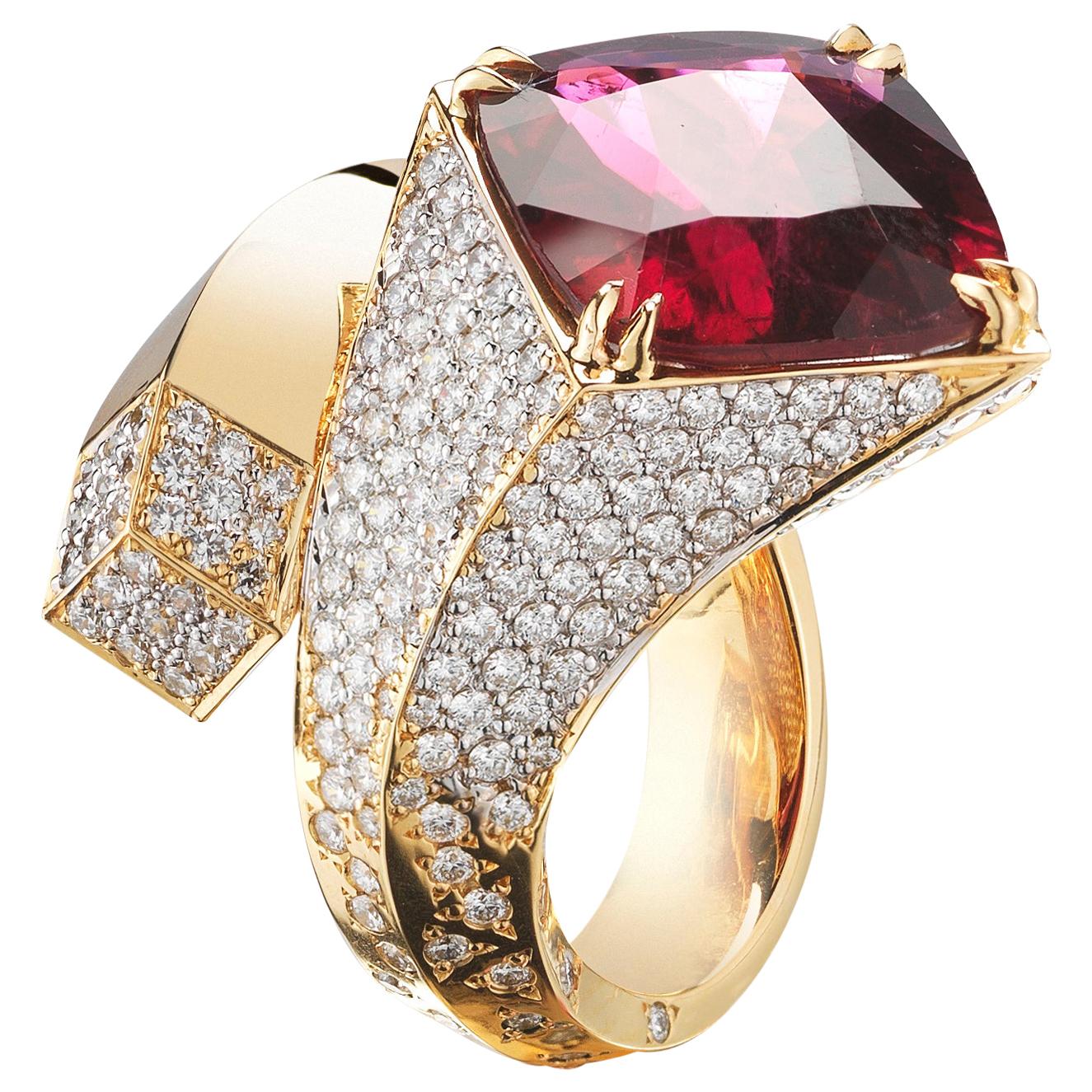 Paolo Costagli Pink Tourmaline 8.84 Carat and Diamond Contrarie Ring