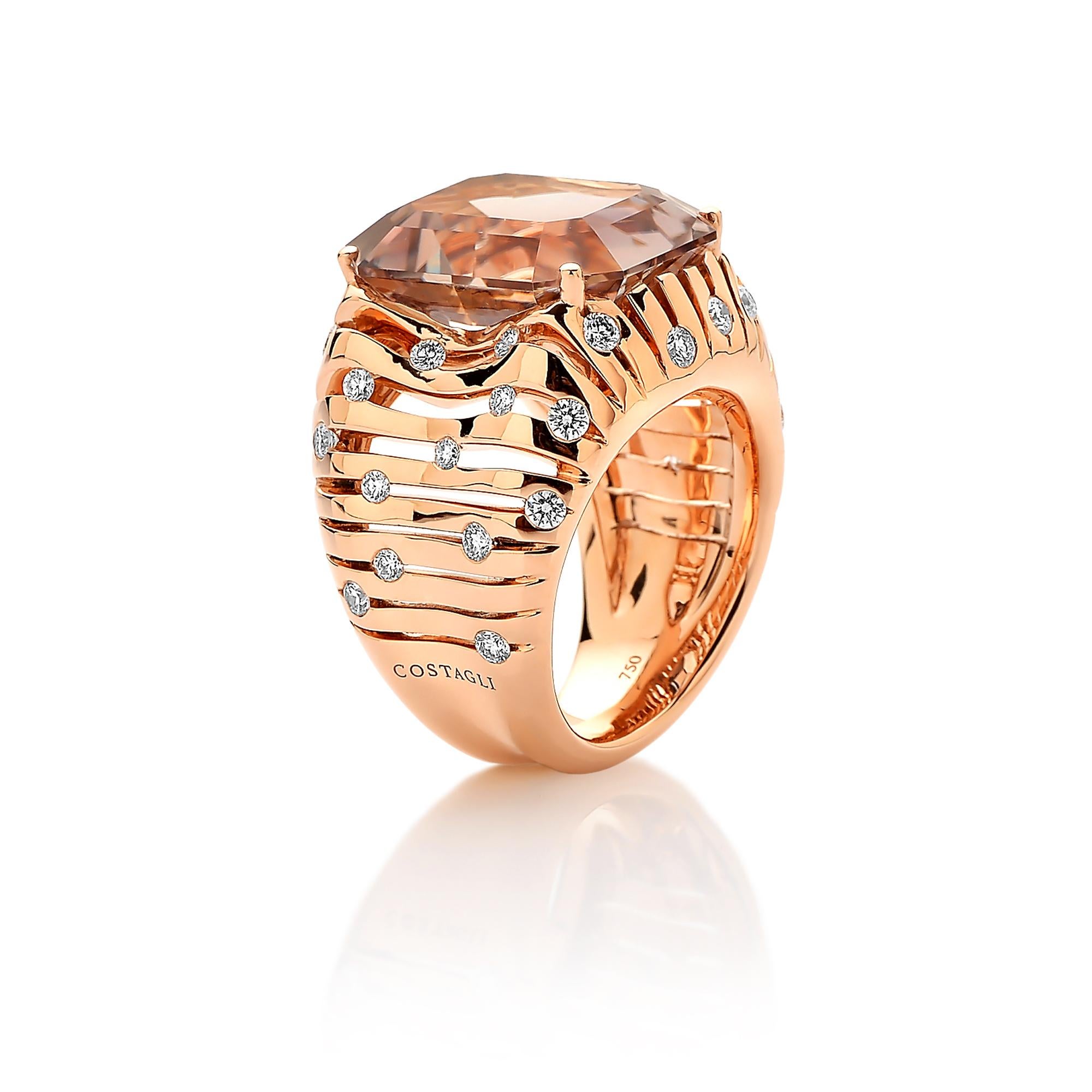 From the Flutti collection, emerald-cut prosecco tourmaline ring with round, brilliant diamond details set in 18 karat rose gold. 

Warm rose gold color paired with 