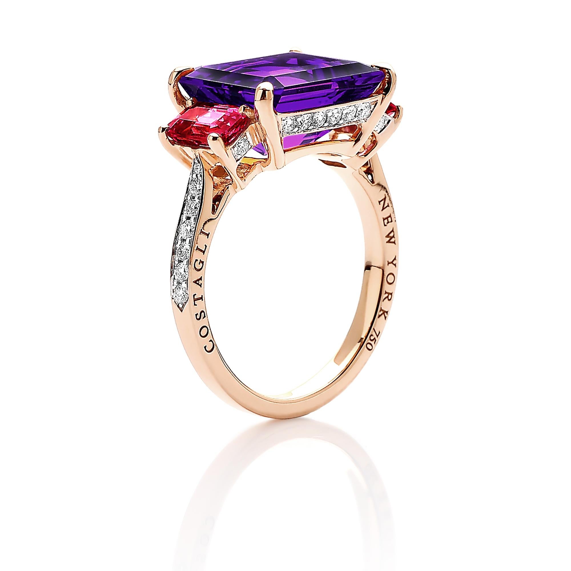 The signature Paolo Costagli three-stone Florentine ring set in 18 karat rose gold with an emerald-cut amethyst flanked by emerald-cut rubies and diamond detail.

Inspired by the Garden of the Iris, the Florentine collection pairs bold color