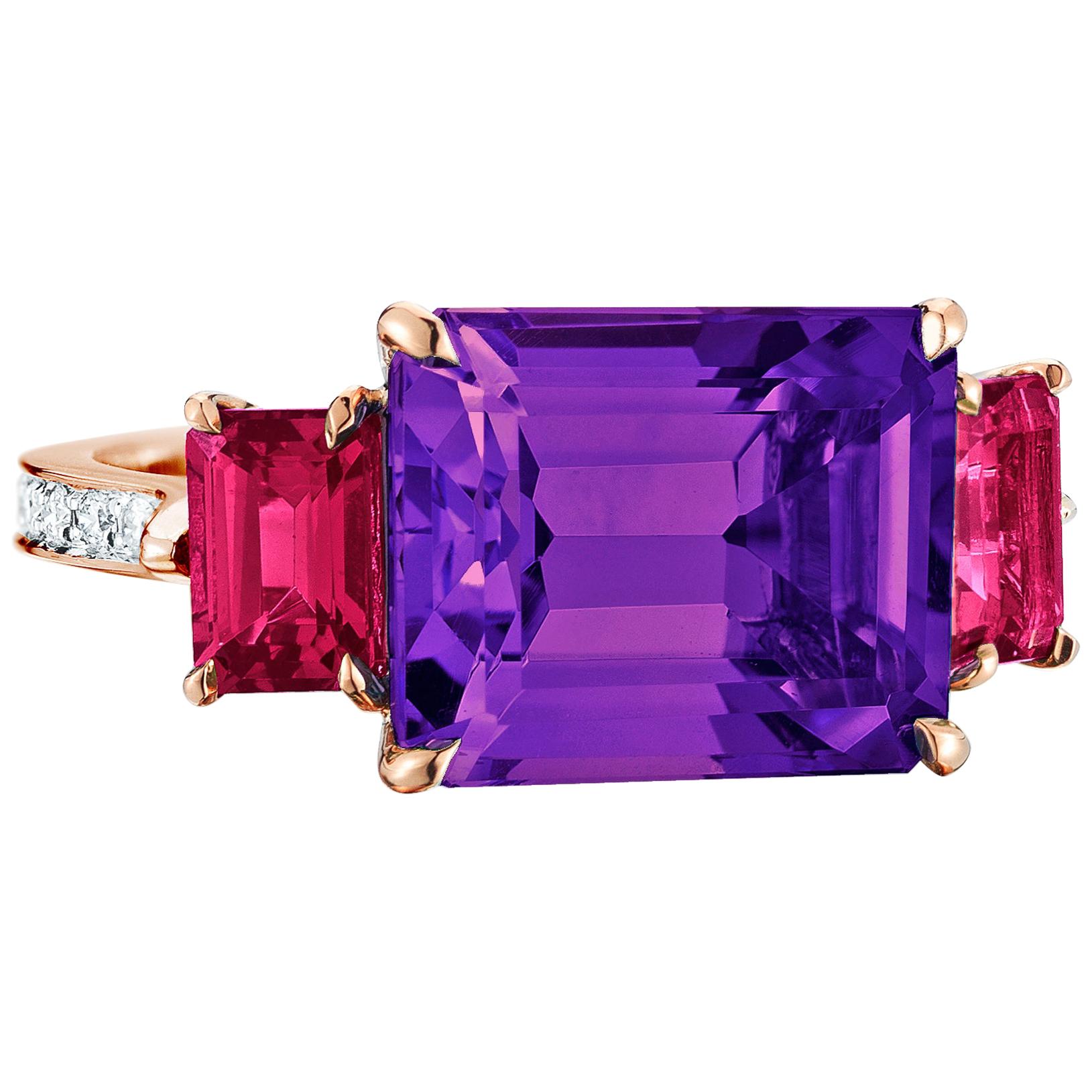Paolo Costagli Rose Gold Amethyst and Ruby Florentine Ring with Diamonds For Sale