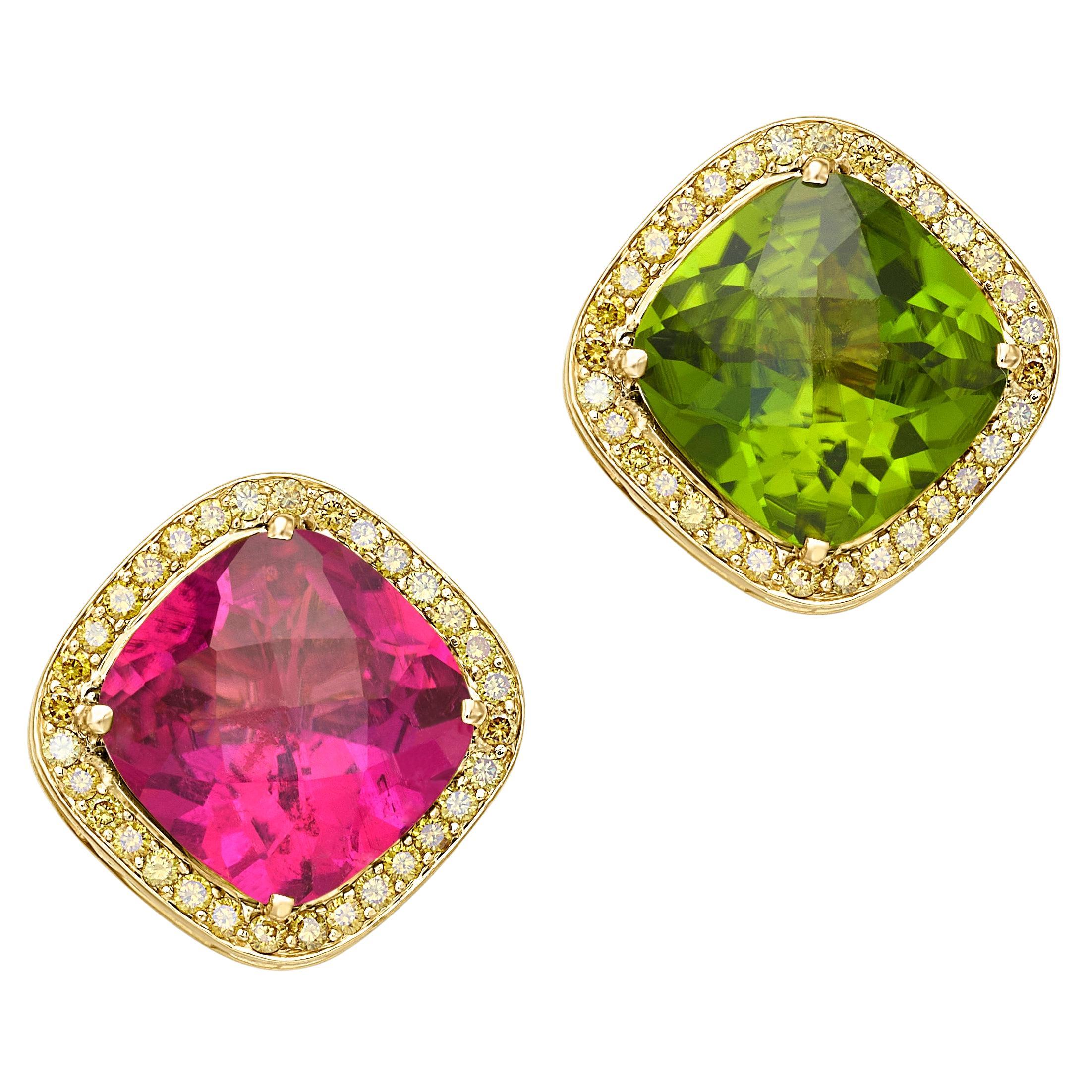 Paolo Costagli Rubellite Pink Tourmaline Green Peridot Yellow Diamond Earrings For Sale