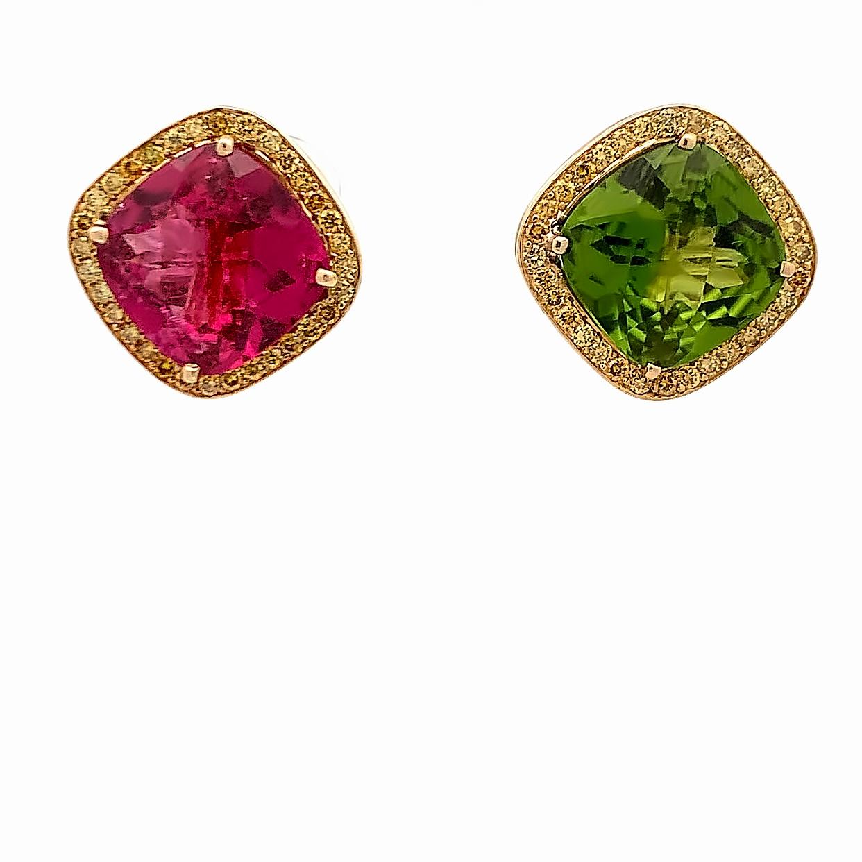 Paolo Costagli Ohrringe aus Turmalin, Peridot und gelben Diamanten.

Ein Paar Ohrringe von Paolo Costagli mit einem rosafarbenen Turmalin und einem Peridot im Facettenschliff, ergänzt durch einen Halo aus gelben Diamanten im Brillantschliff.

Maße: