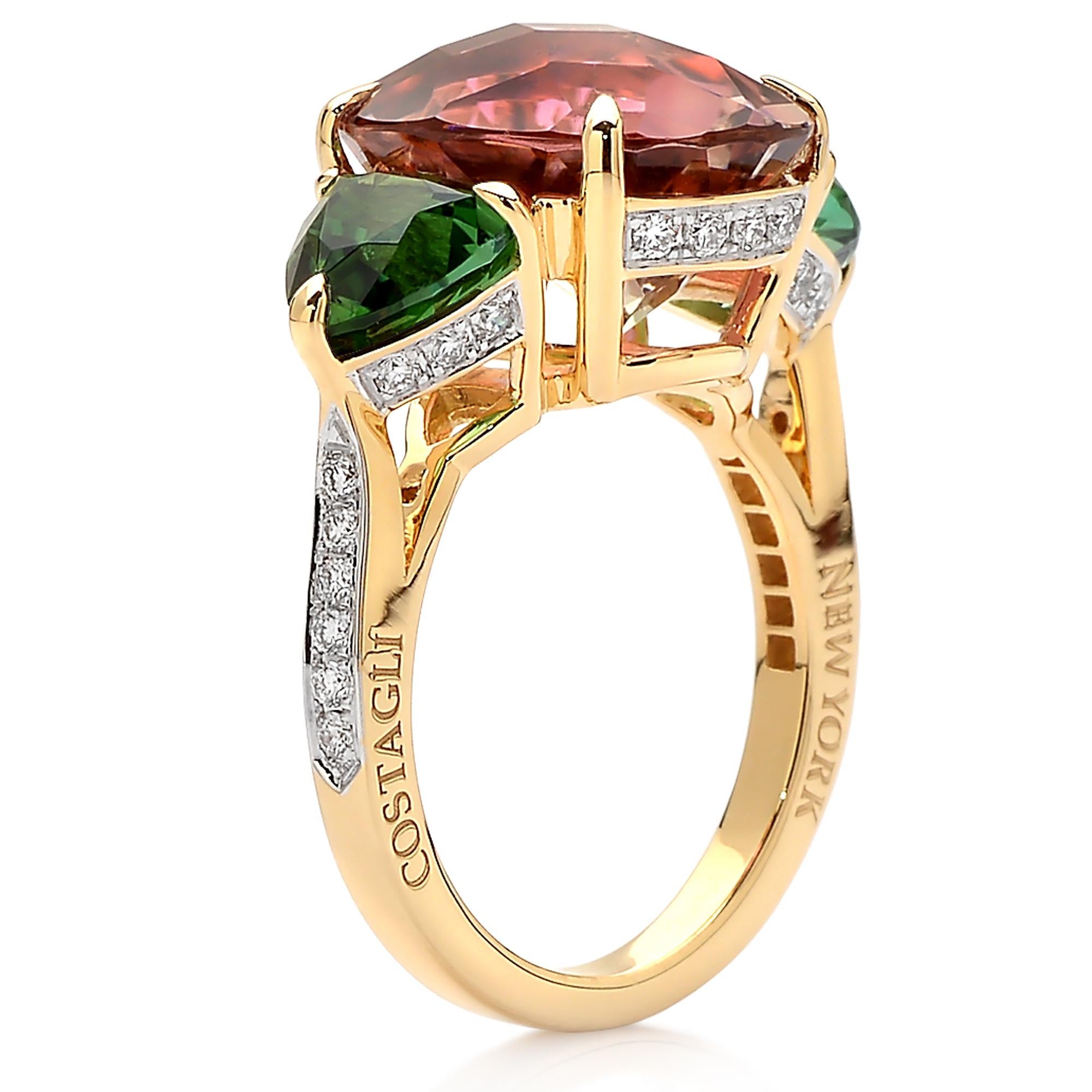 Contemporary Paolo Costagli Watermelon and Mint Tourmaline Ring with Diamonds For Sale