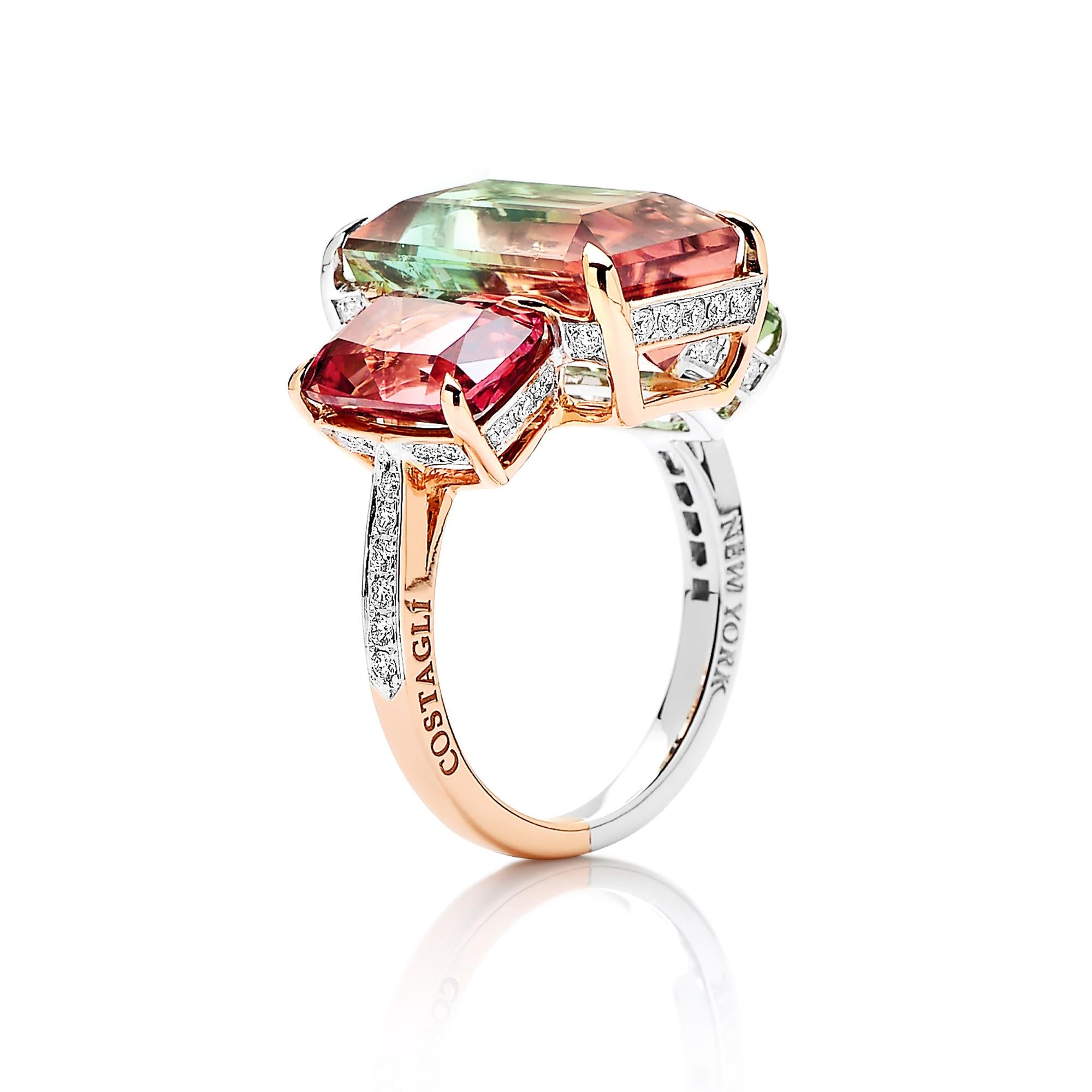 One-of-a-kind watermelon tourmaline ring set with cushion-shaped pink and mint tourmaline side stones set in both 18 karat white gold and 18 karat rose gold and pave-set diamonds.

This ring is a true 'Paolo' design and a testament to his expert eye