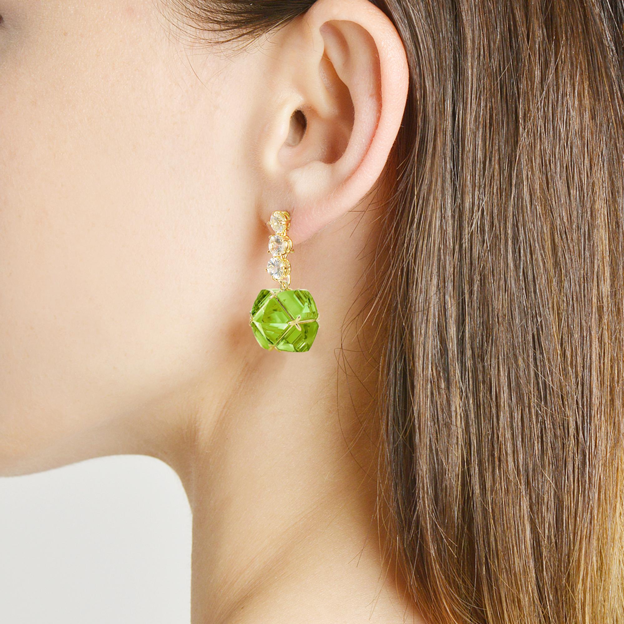 Emerald Cut Paolo Costagli White Sapphire and Peridot Very PC Earrings For Sale