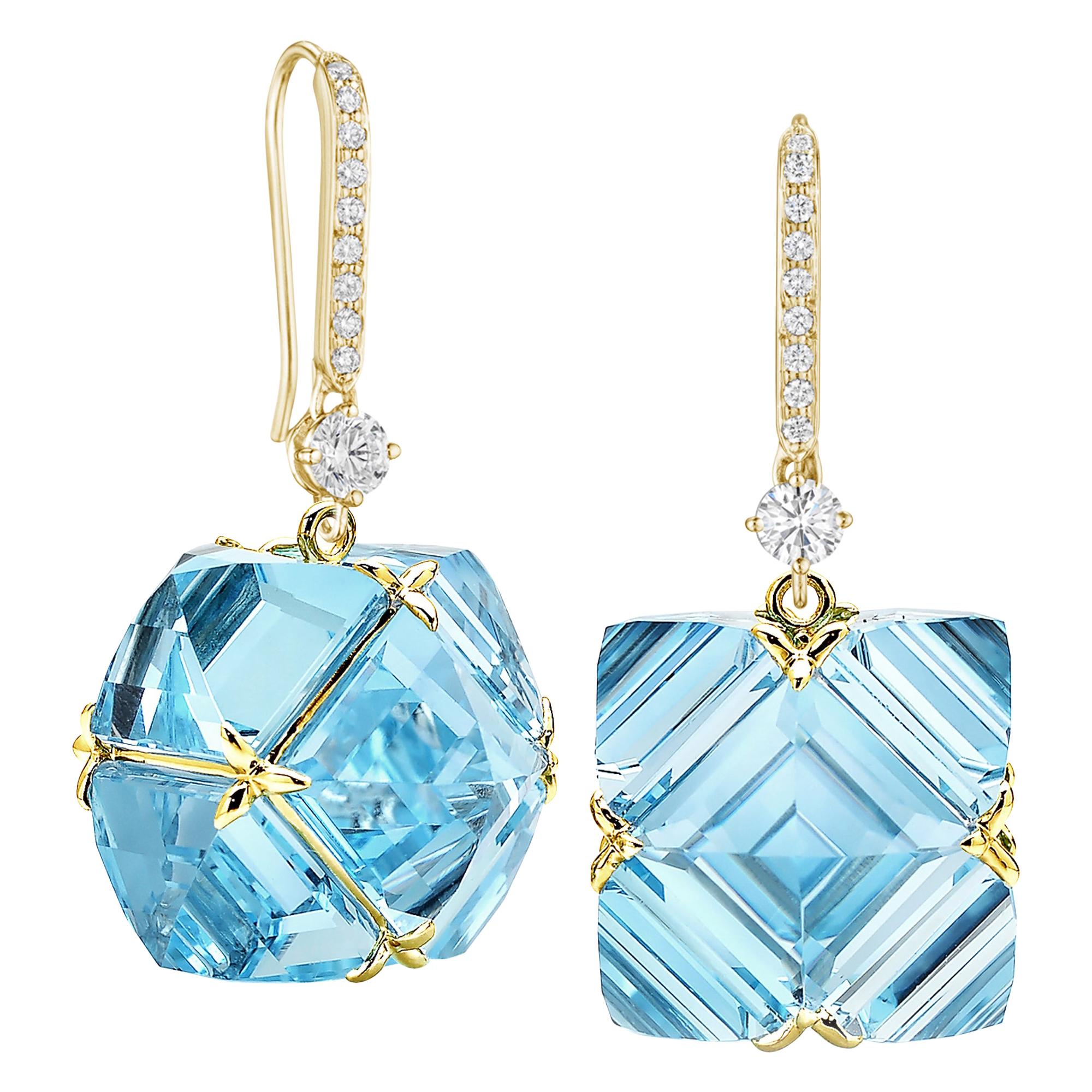 Paolo Costagli Yellow Gold Blue Topaz and White Sapphire Very PC Earrings For Sale