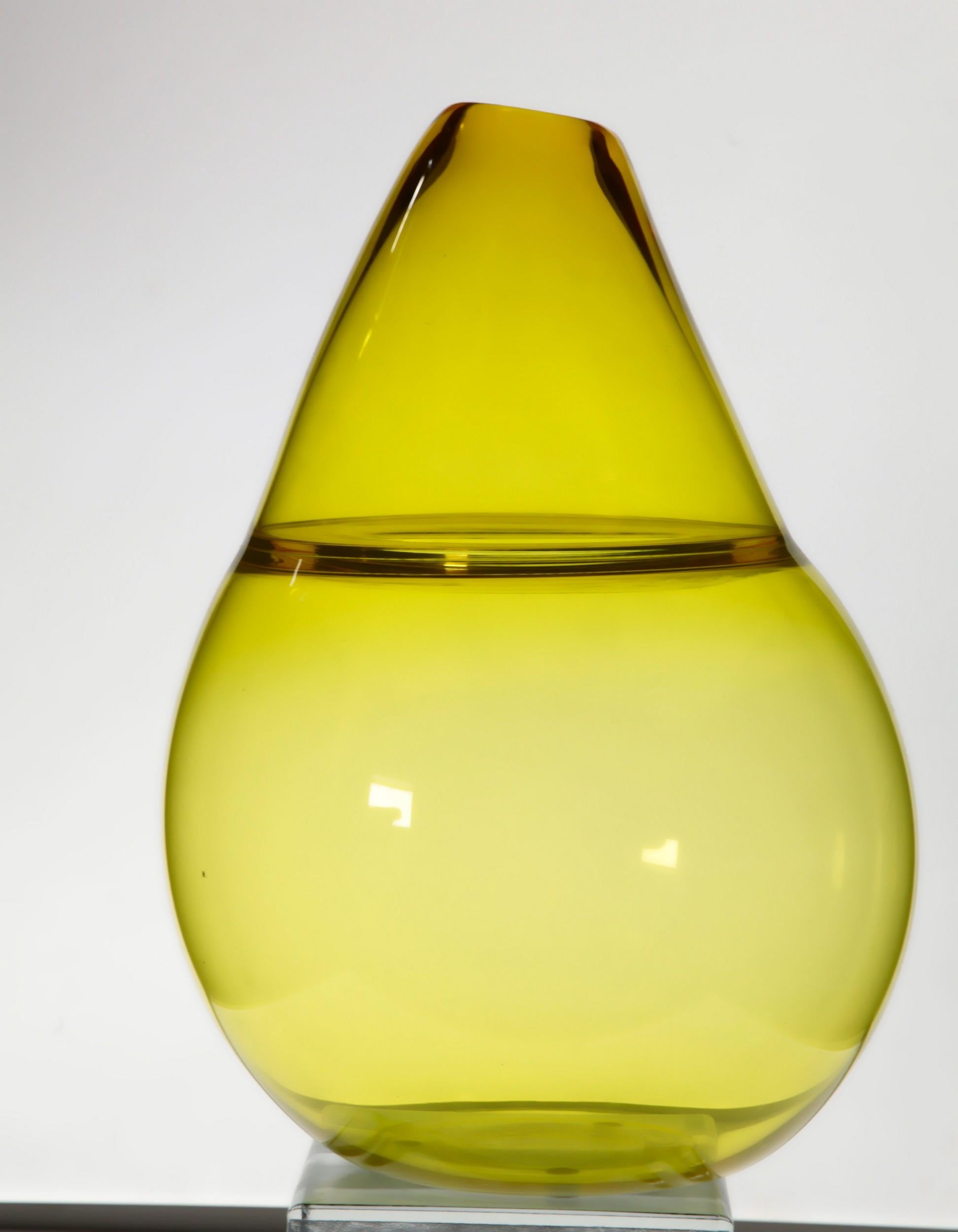 Paolo Crepax, Asimmetrico Vase in Bright Yellow Incalmo Murano Glass, Signed 10