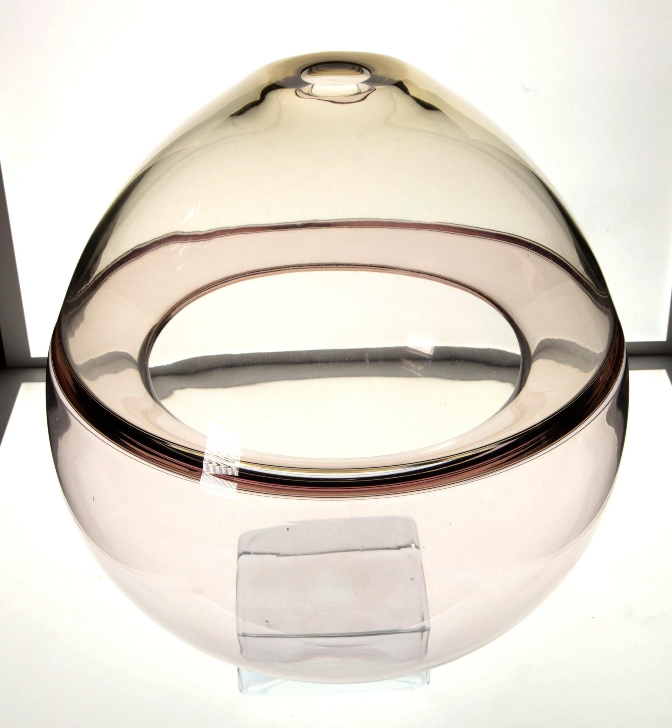 Italian Paolo Crepax Asimmetrico Vase Fume Grey Incalmo Inner Flap, Murano Glass Signed