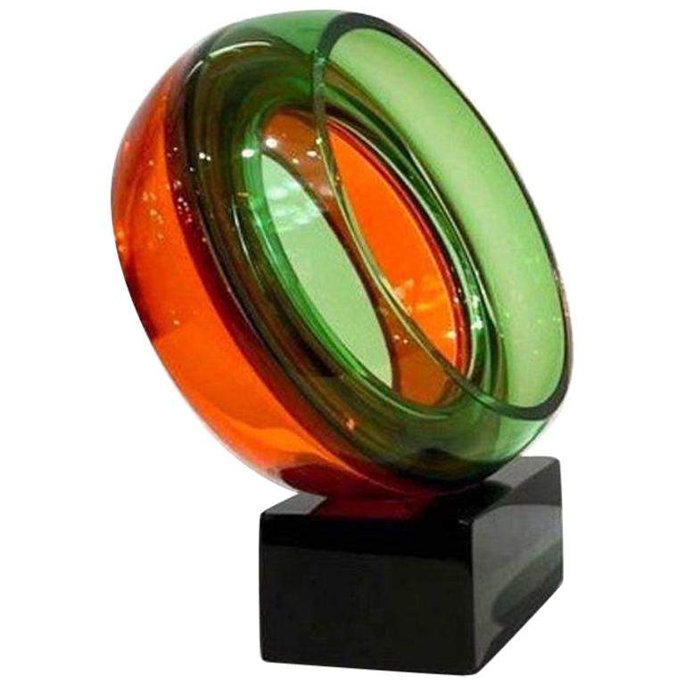 Contemporary organic abstract art sculpture, in blown Murano glass, modern Works of Art by Paolo Crepax, difficult open round pieces to create, realized in two separate colors with the technique incalmo, presenting an inner ring executed with great