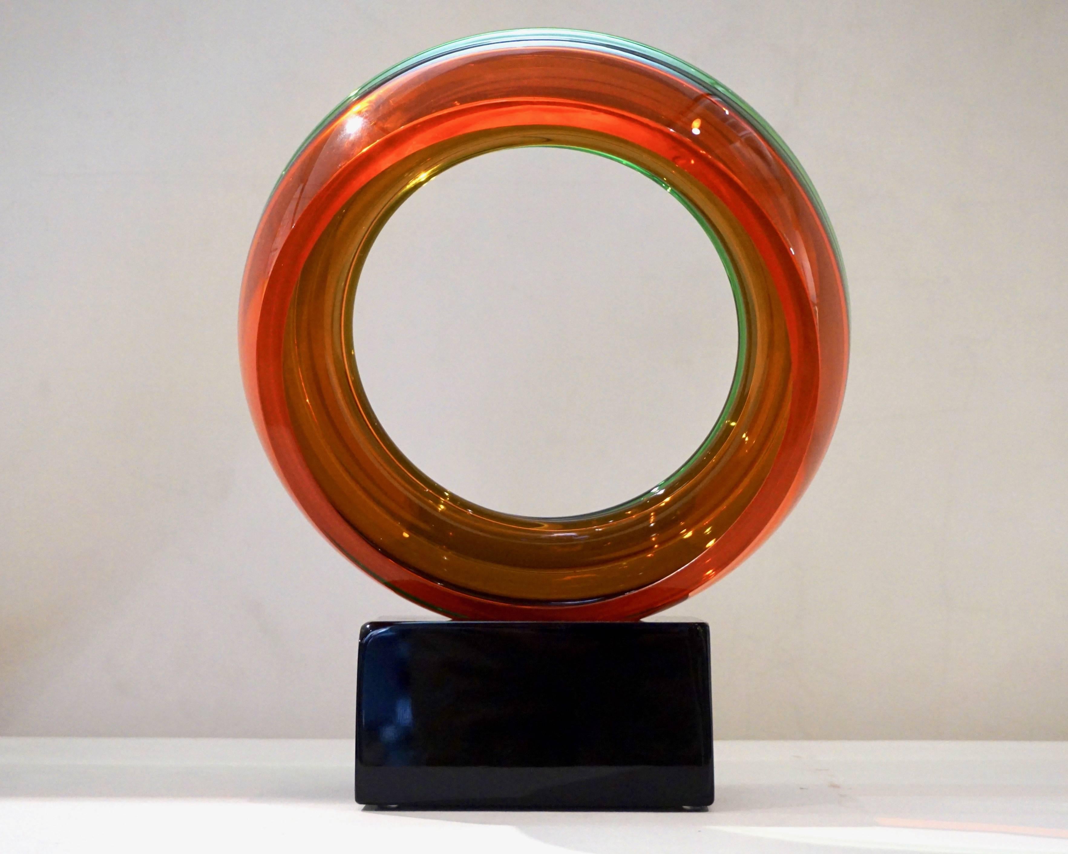 Paolo Crepax Italian Green Orange Red Murano Art Glass Abstract Sculpture In Excellent Condition In New York, NY