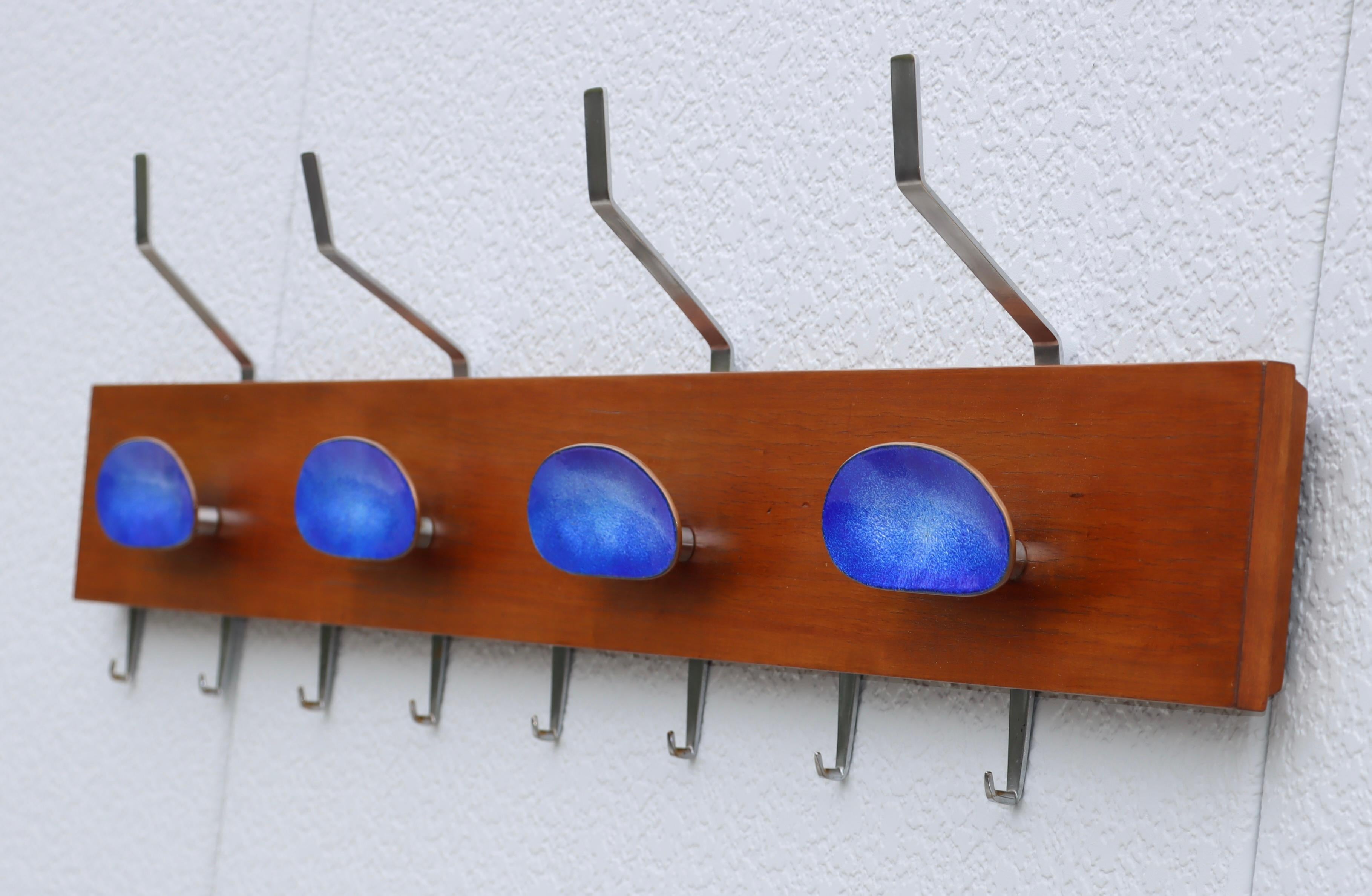 Paolo De Poli Attributed Enamel and Walnut Wall Mounted Coat Rack In Good Condition For Sale In New York, NY