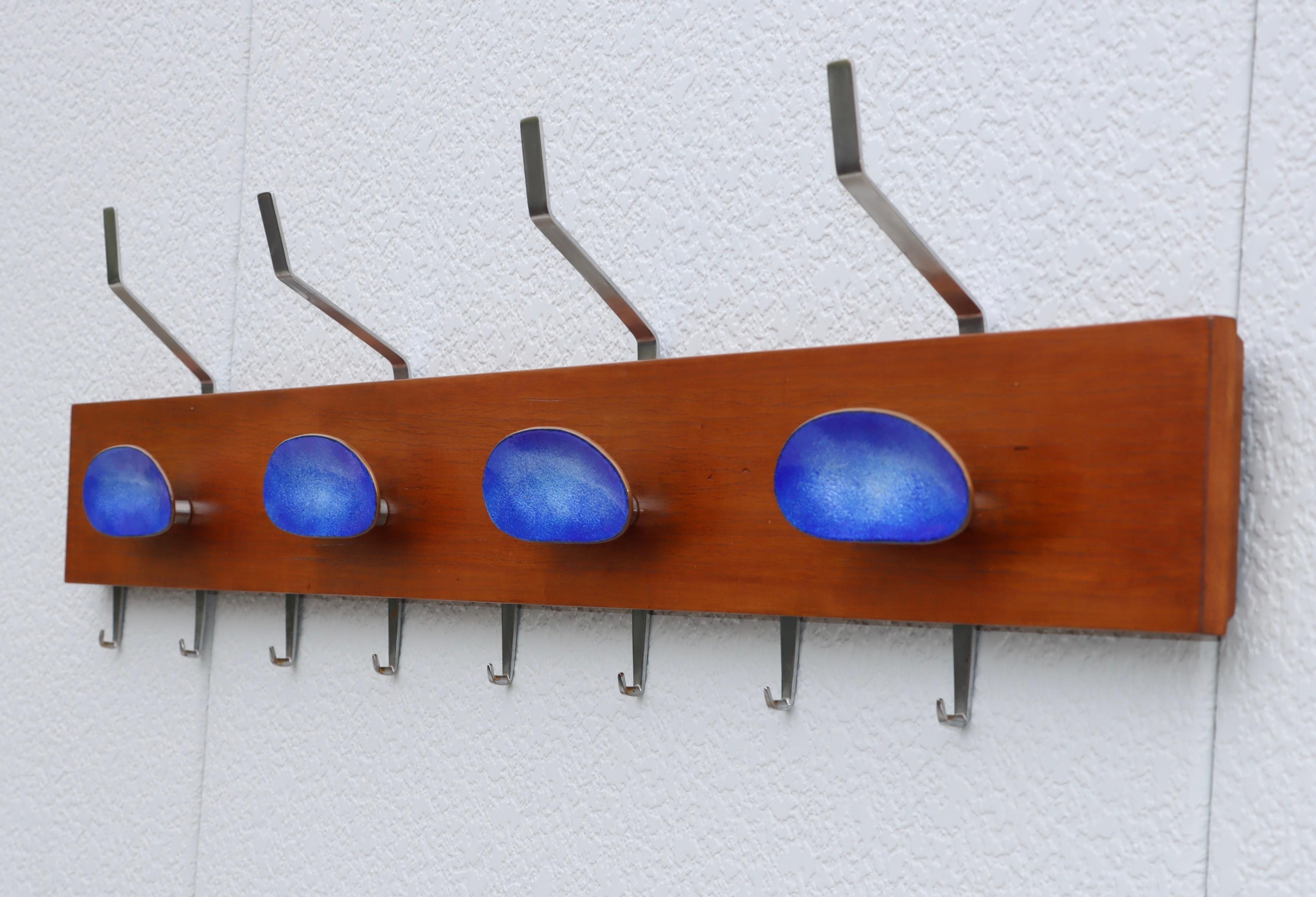 Paolo De Poli Attributed Enamel and Walnut Wall Mounted Coat Rack For Sale 1