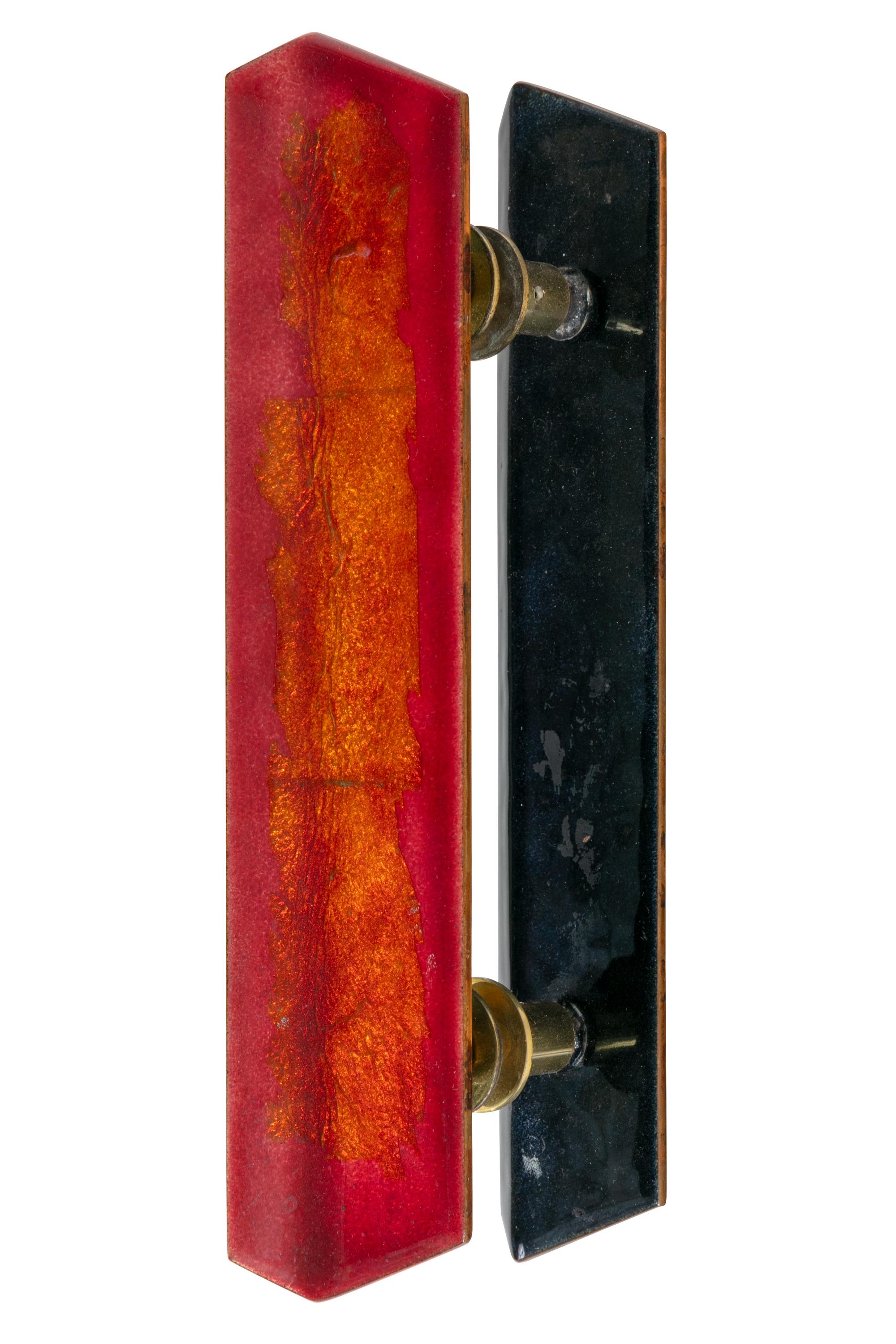 Mid-Century Modern Paolo De Poli Enameled Copper Door Pulls with Brass Hardware, Italy, 1950s