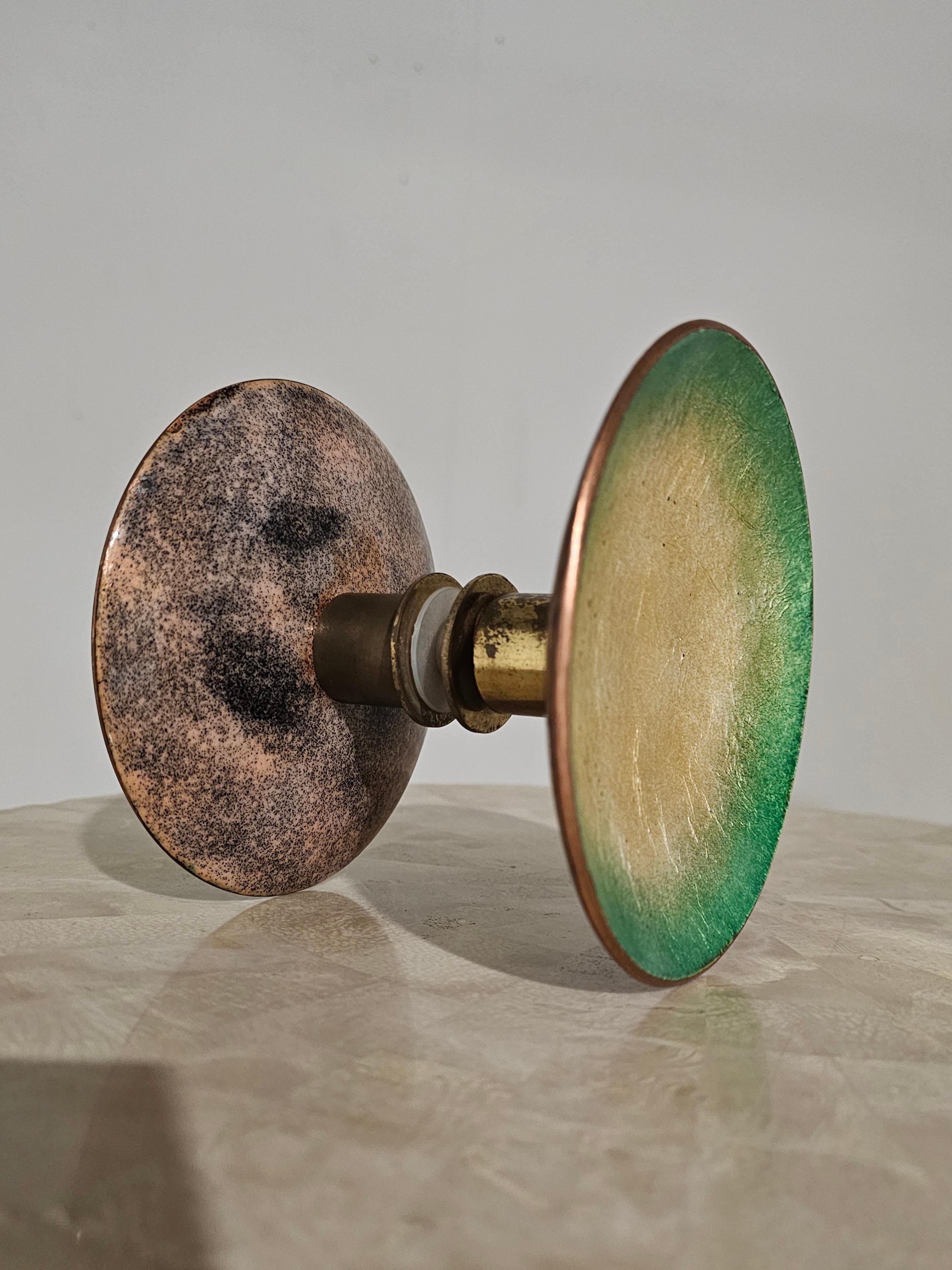 Mid-Century Modern Paolo de Poli green/gold enameled copper and brass door handle,  1960s For Sale