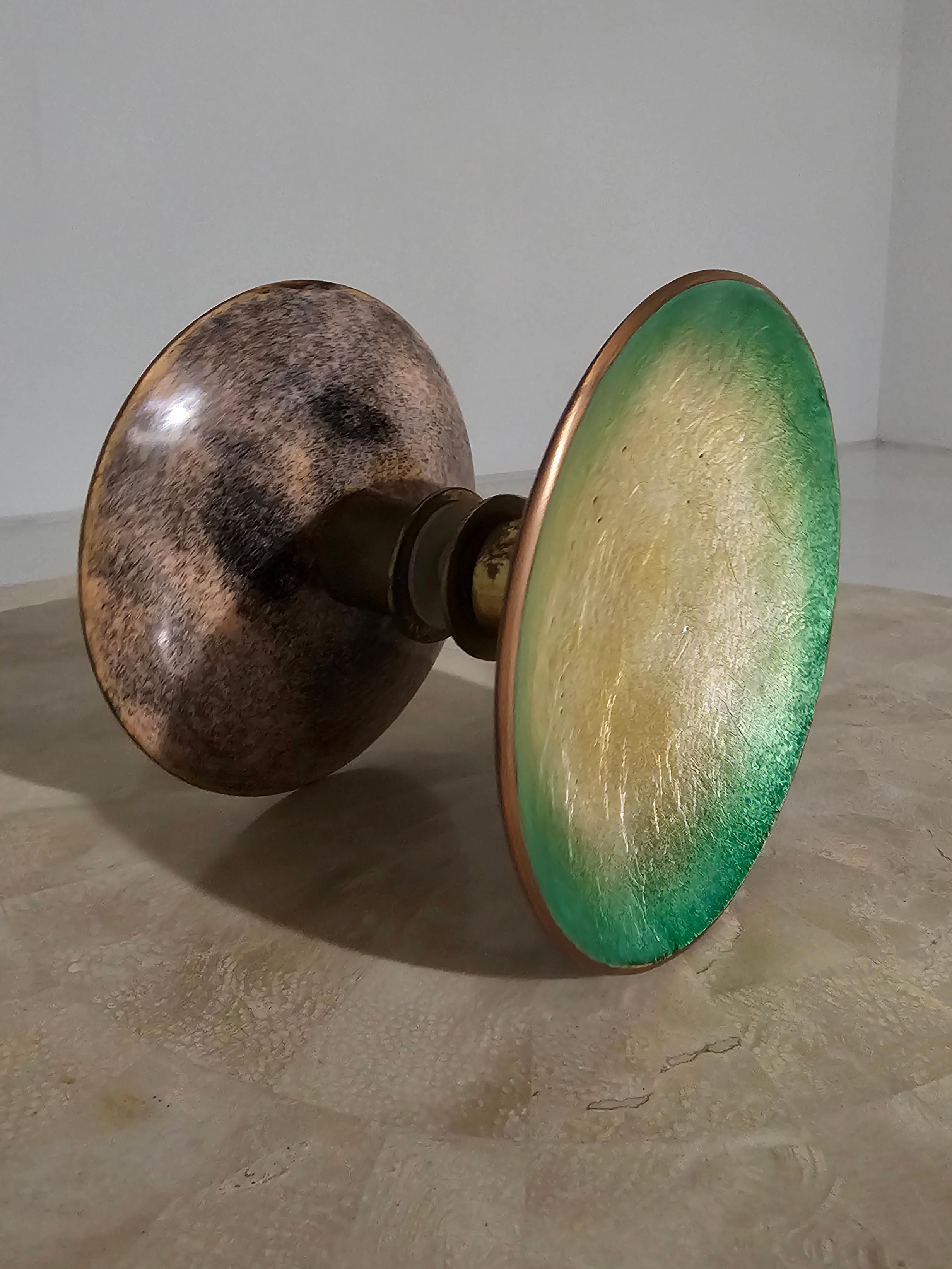 European Paolo de Poli green/gold enameled copper and brass door handle,  1960s For Sale
