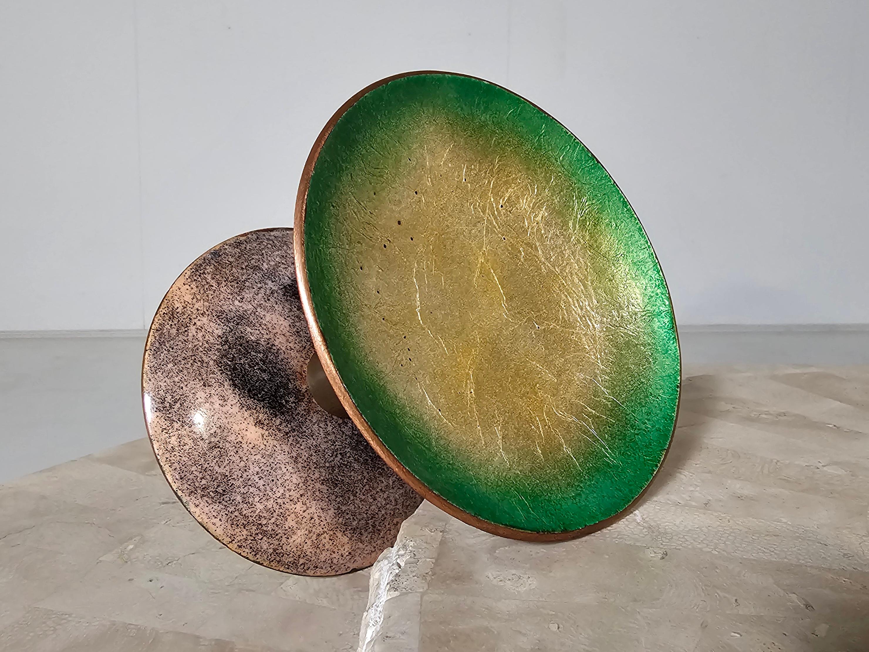 Enameled Paolo de Poli green/gold enameled copper and brass door handle,  1960s For Sale