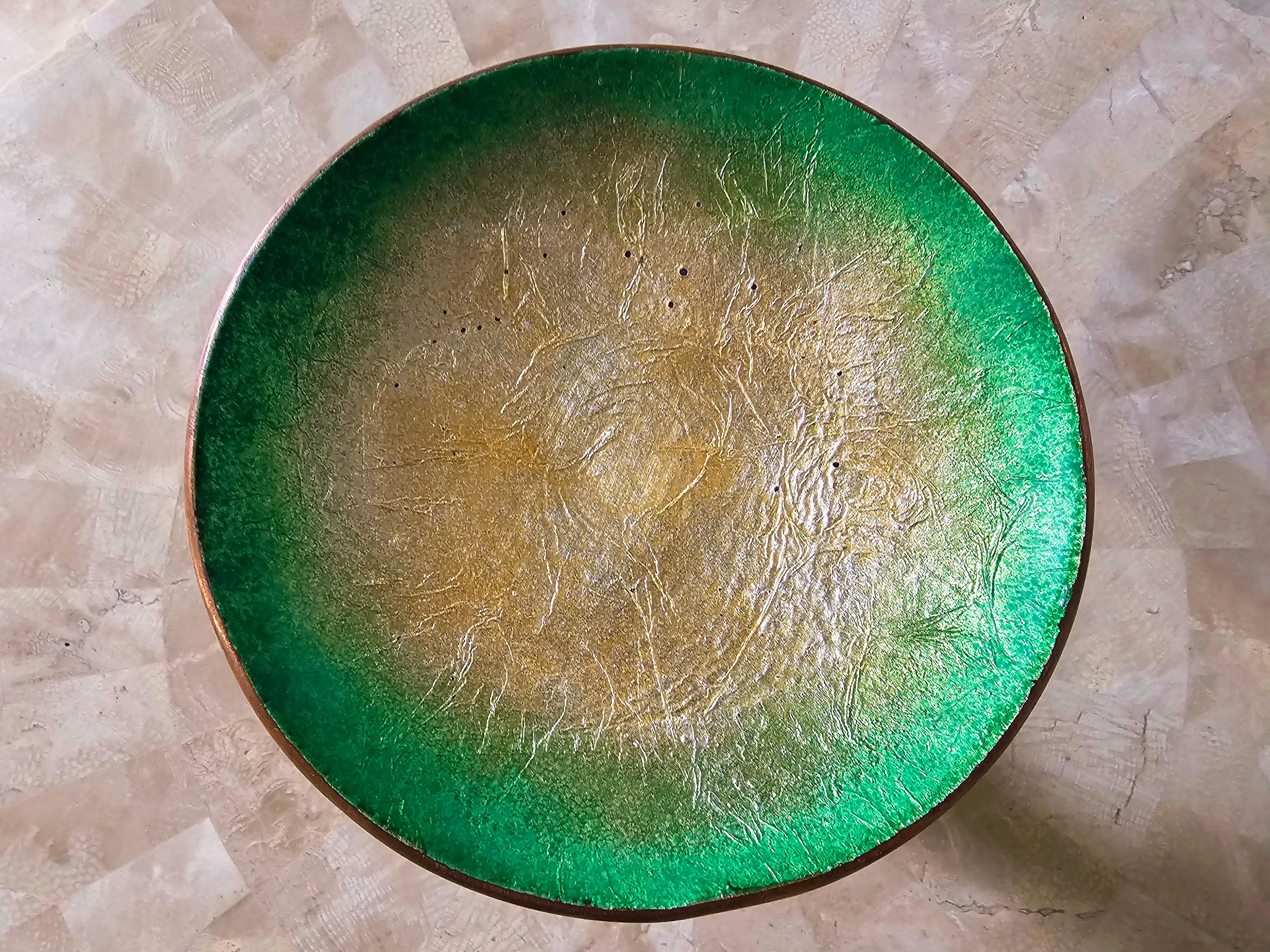 20th Century Paolo de Poli green/gold enameled copper and brass door handle,  1960s For Sale