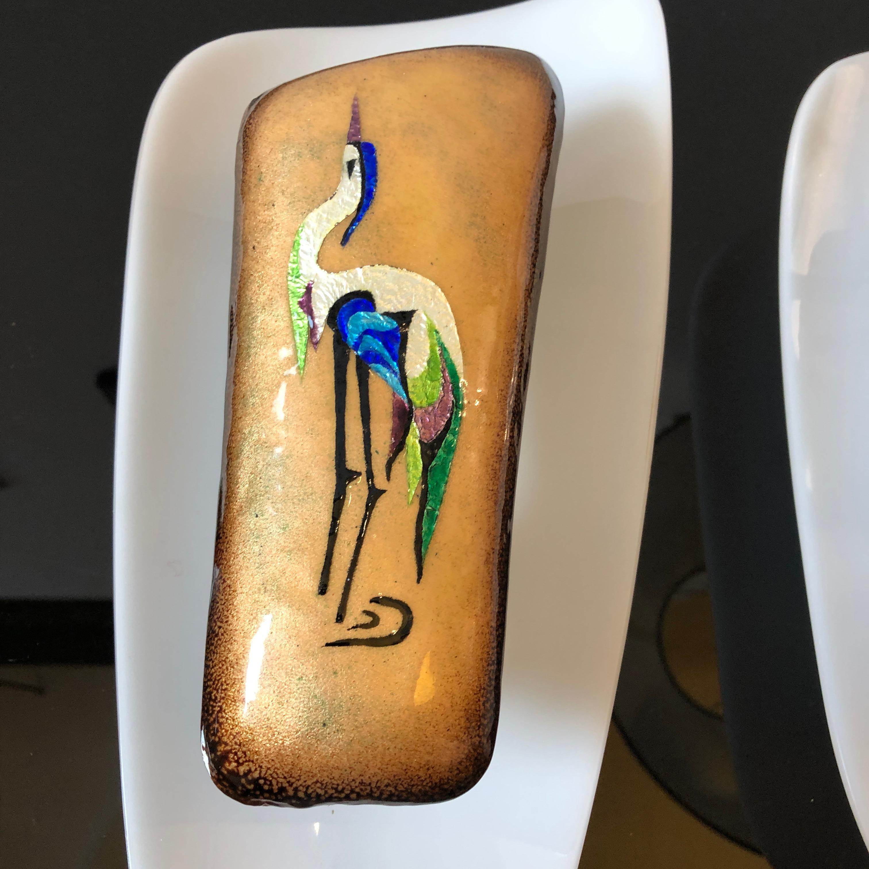 Stylish set of Mid-Century Modern hand painted and enameled wall sconces by Paolo De Poli, he worked for Gio Ponti in the period. they are made in copper and plexiglass. They work 110-240 volts and need regular e14 bulbs.