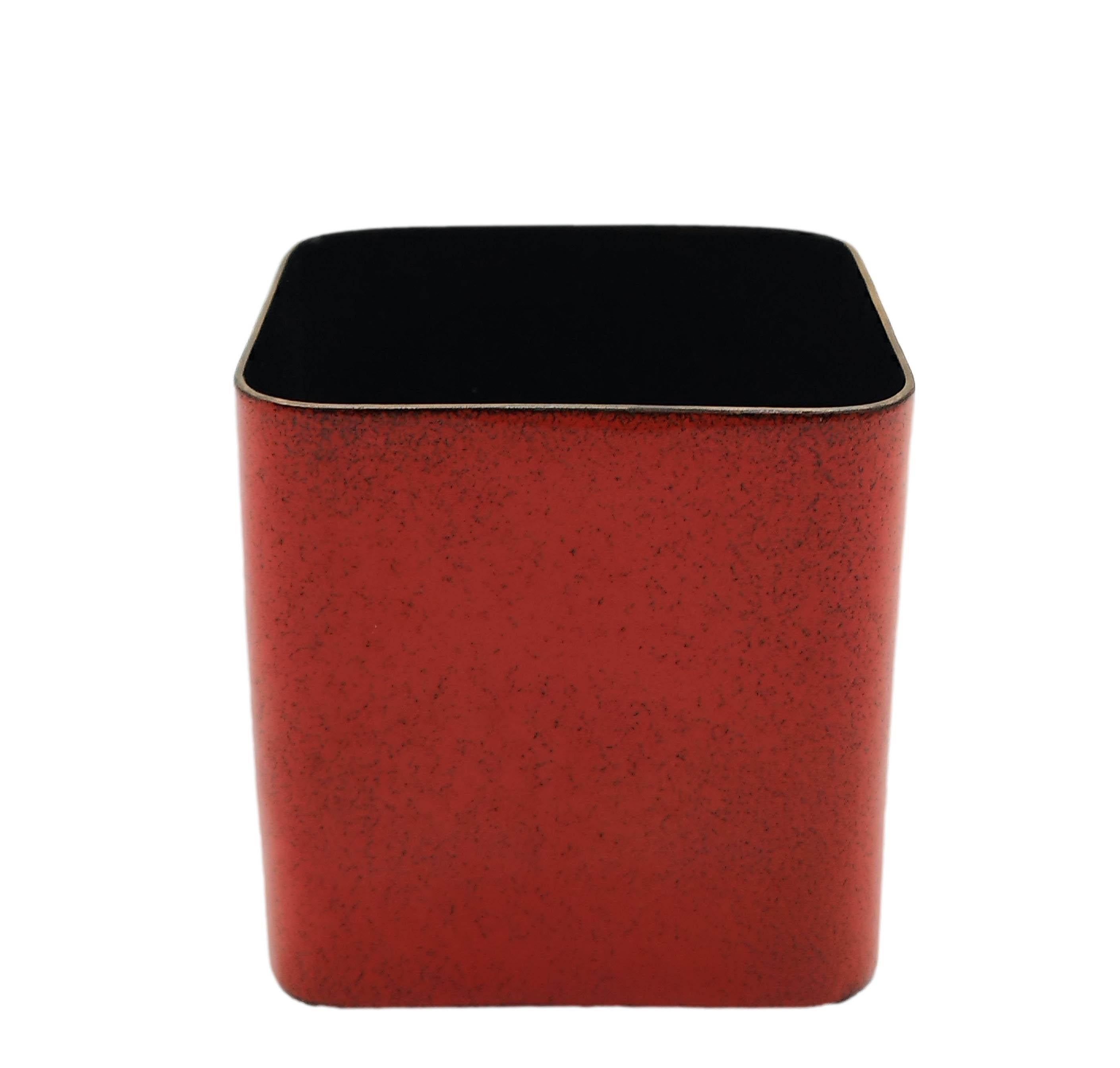 Square base vase in orange enameled copper, for Smalti De Poli Padova 1950s. Signature present under the base. De Poli is known as the Italian enamel master and collaborated with Gio Ponti and other Italian contemporaries to design the best enameled