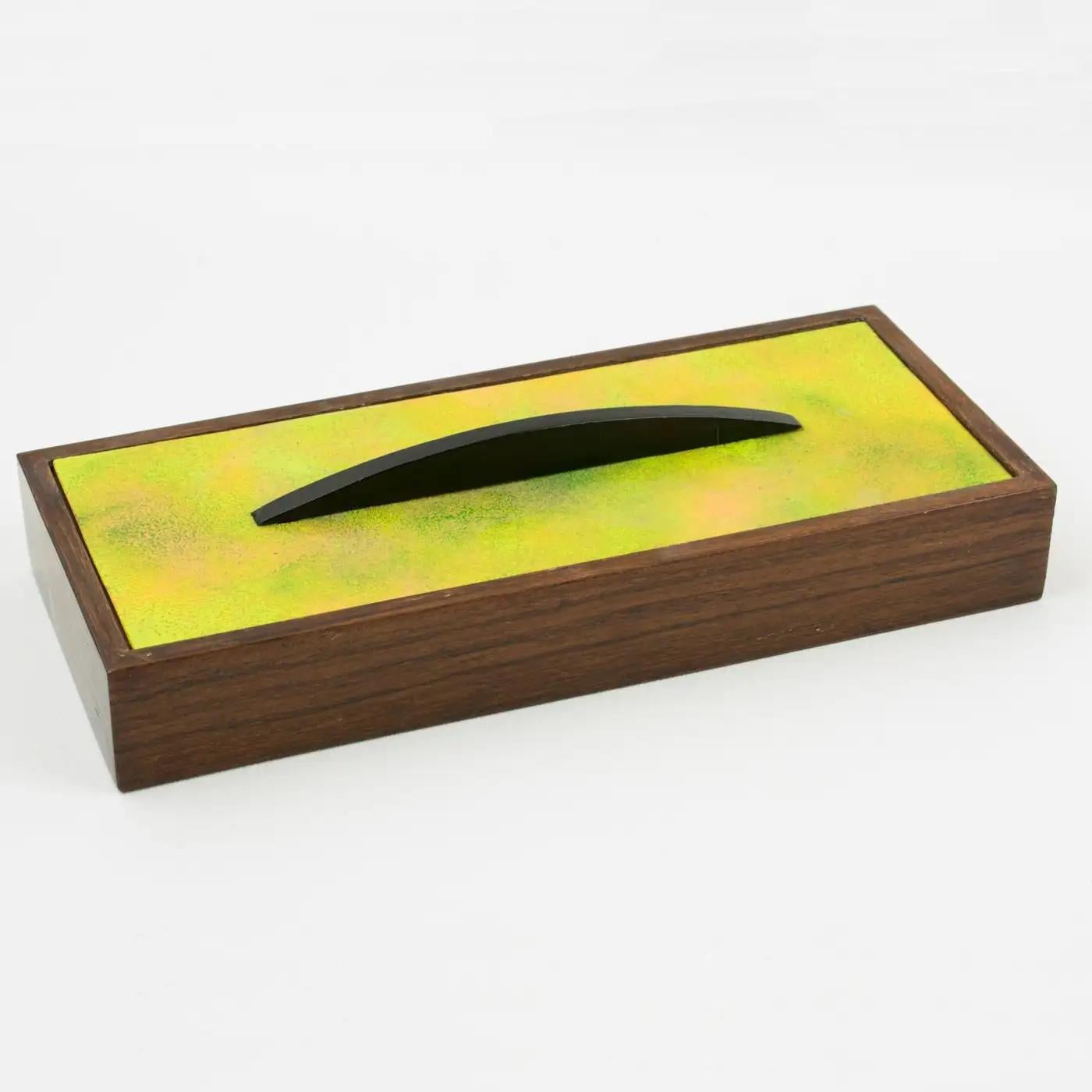 Paolo De Poli, Italy, crafted this beautiful Mid-Century decorative lidded box in the 1950s. This design is commonly attributed to Gio Ponti. The flat rectangular shape with a wood base has an enamel-on-copper lid and black wood finial. The stunning