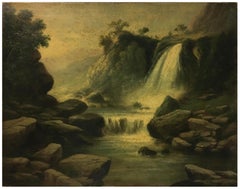 THE WATERFALL - American School -Italian Landscape Oil on Canvas Painting