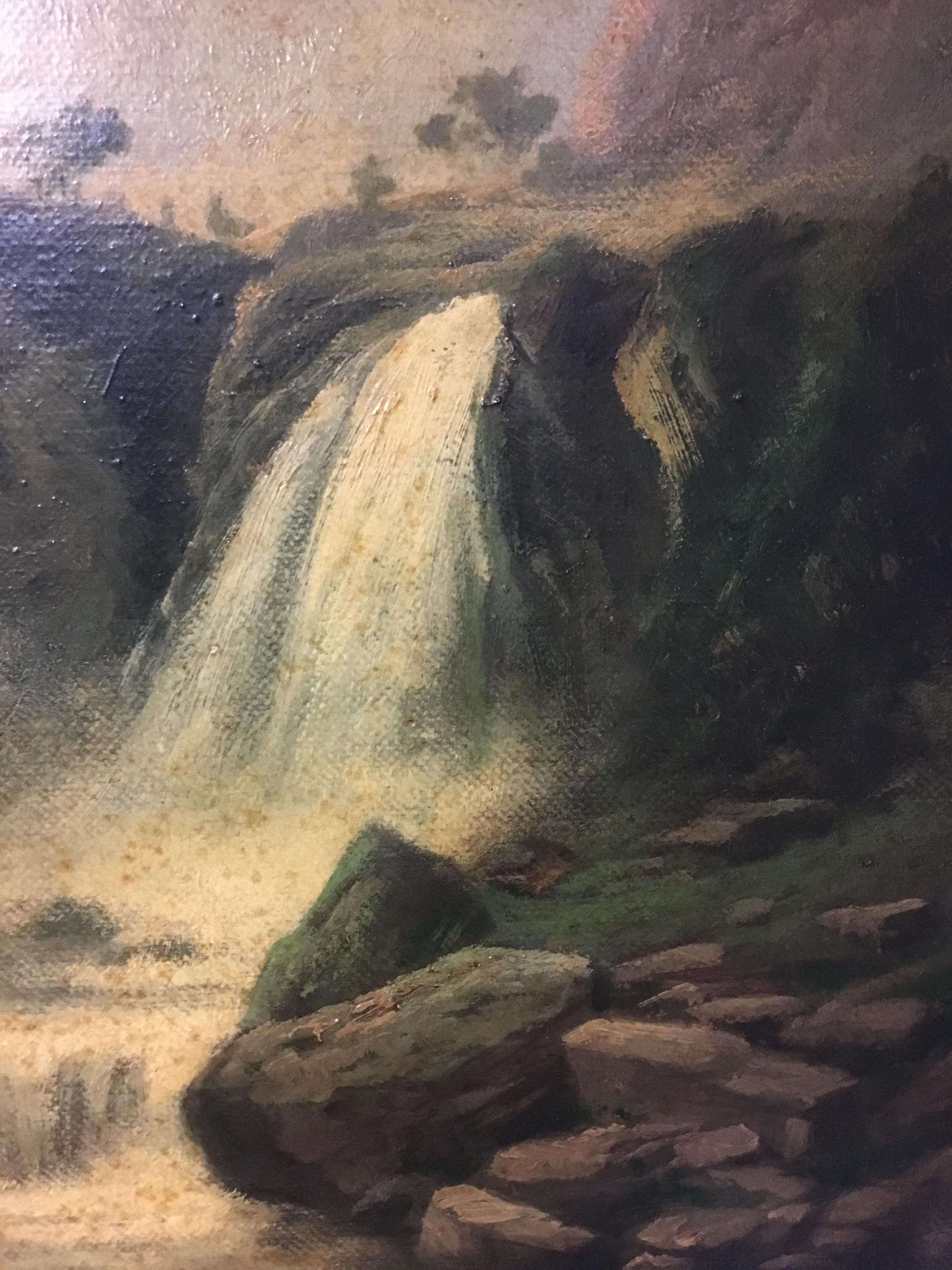 THE WATERFALL - American School -Italian Landscape Oil on Canvas Painting - Brown Landscape Painting by Paolo De Robertis