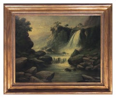 Vintage THE WATERFALL - American School -Italian Landscape Oil on Canvas Painting