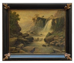 THE WATERFALL - American School -Italian Landscape Oil on Canvas Painting
