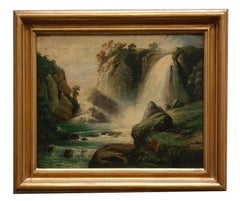THE WATERFALL - American School -Italian Landscape Oil on Canvas Painting